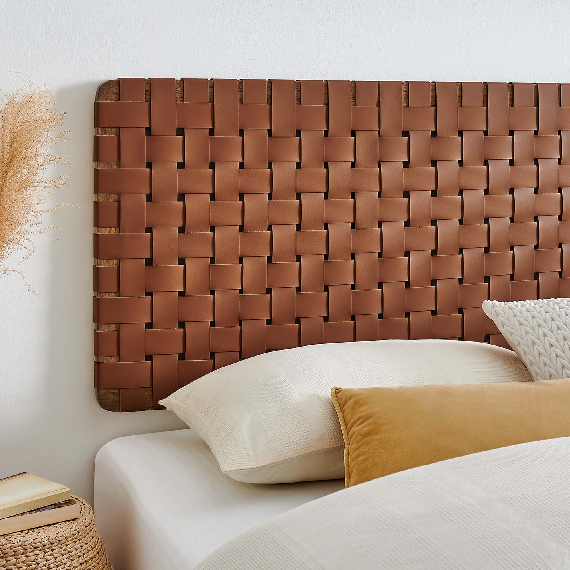 Sparta Weave Wall-Mount Vegan Leather King Headboard, Walnut Brown