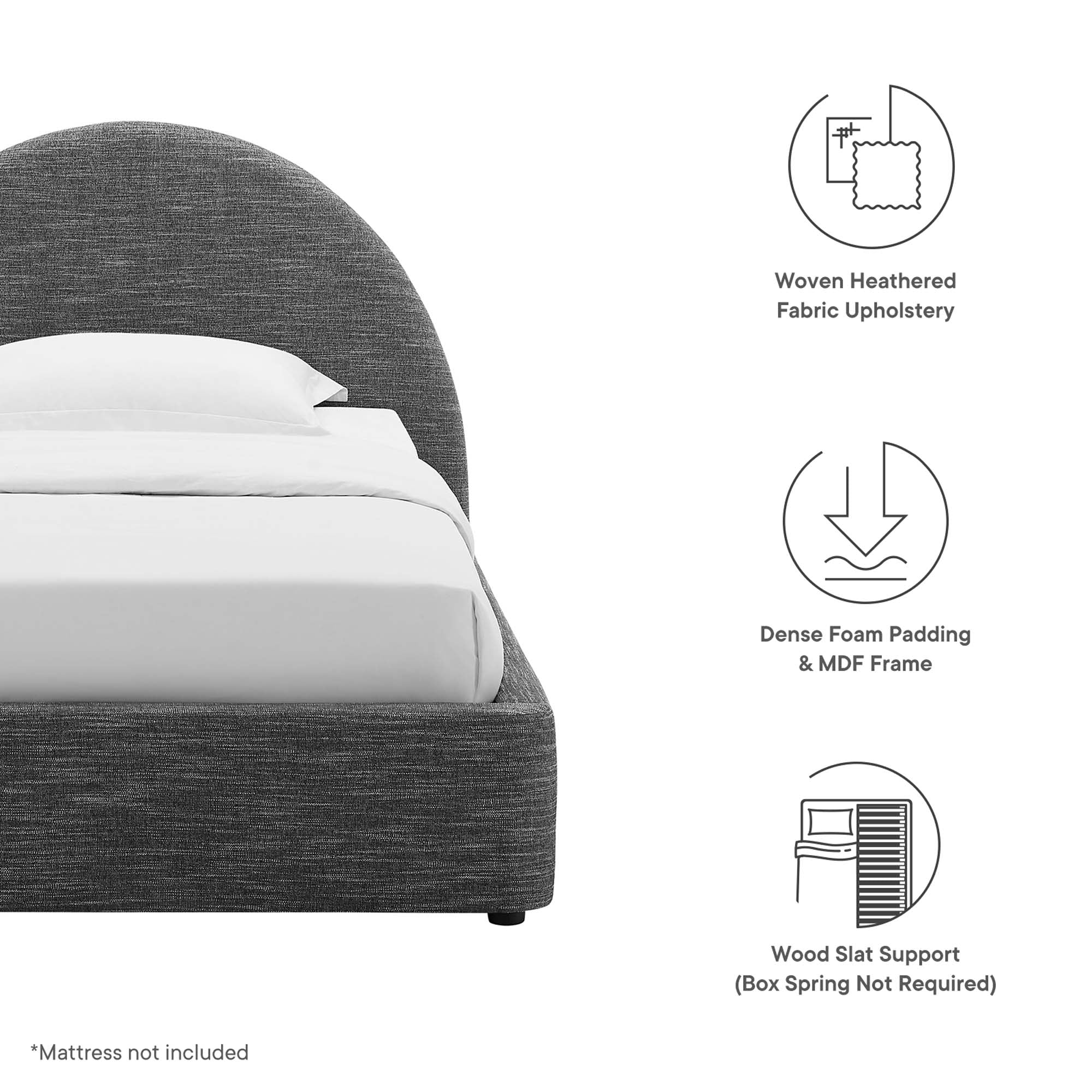 Resort Upholstered Fabric Arched Round Twin Platform Bed, Heathered Weave Slate