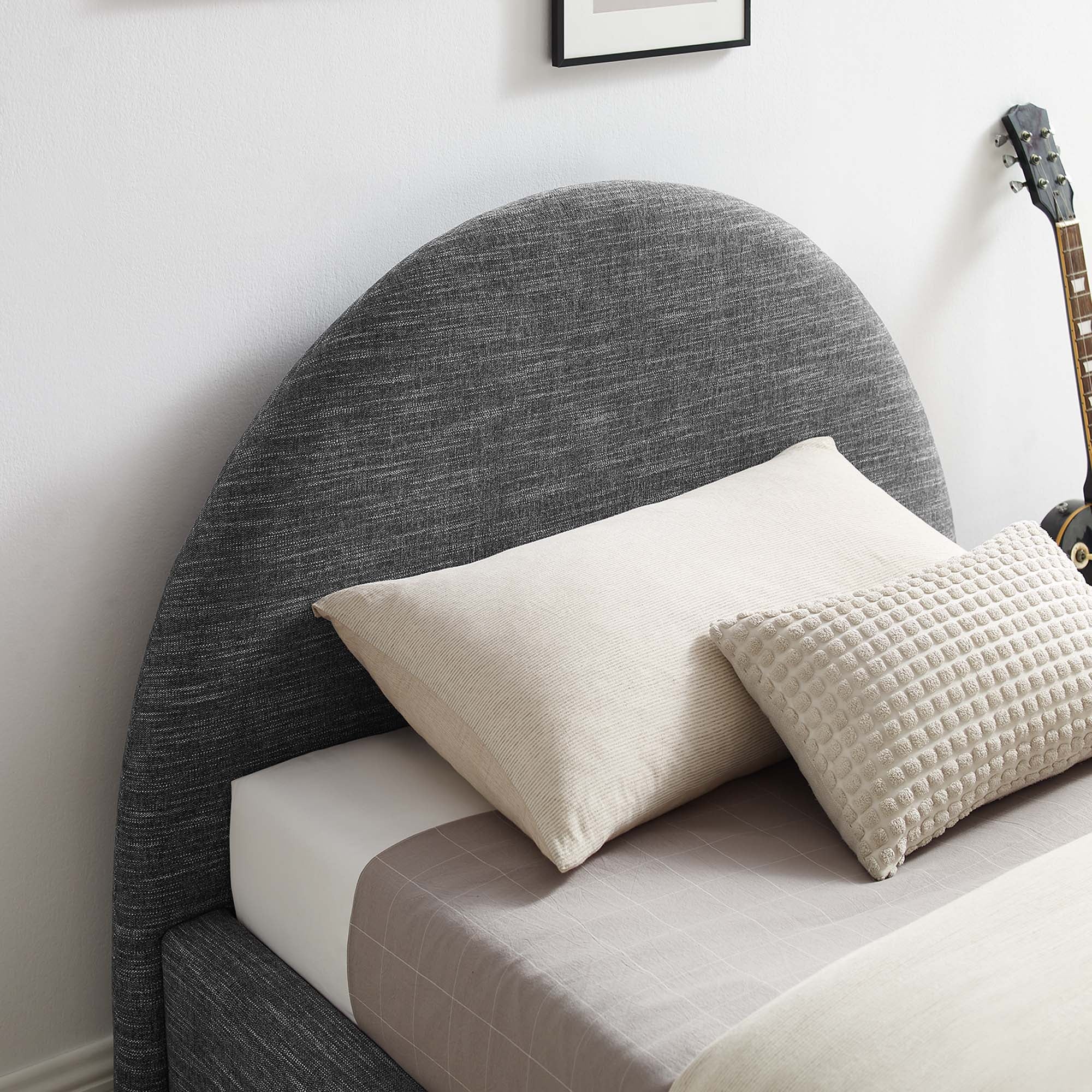 Resort Upholstered Fabric Arched Round Twin Platform Bed, Heathered Weave Slate