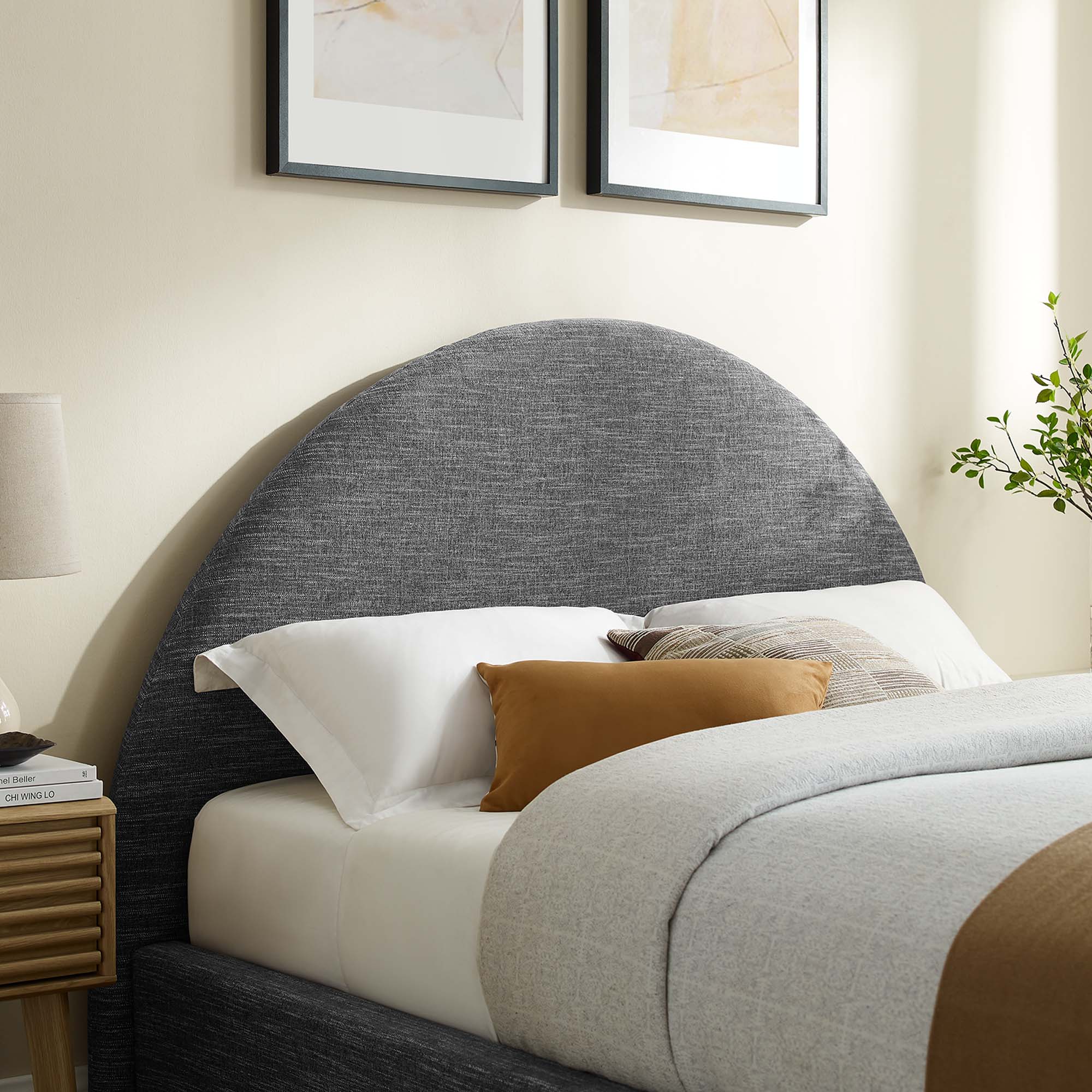 Resort Heathered Weave Slate Upholstered Fabric Arched Round King Platform Bed