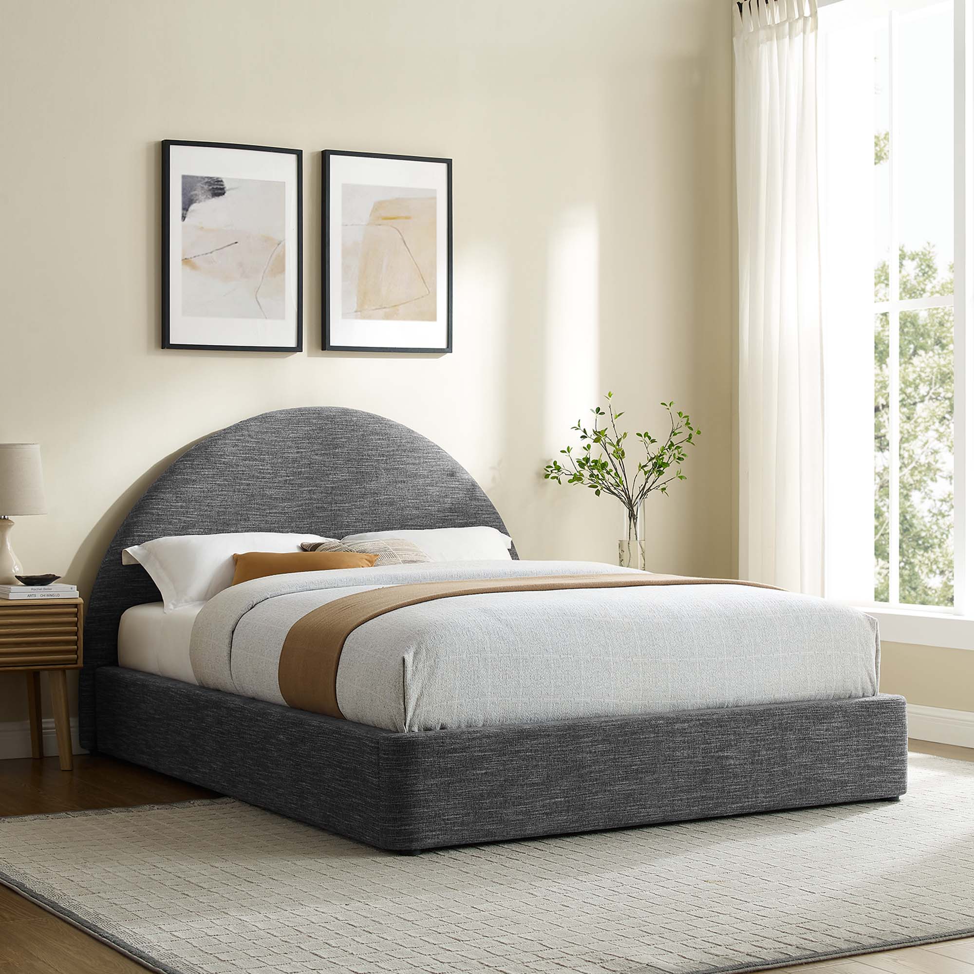 Resort Heathered Weave Slate Upholstered Fabric Arched Round King Platform Bed
