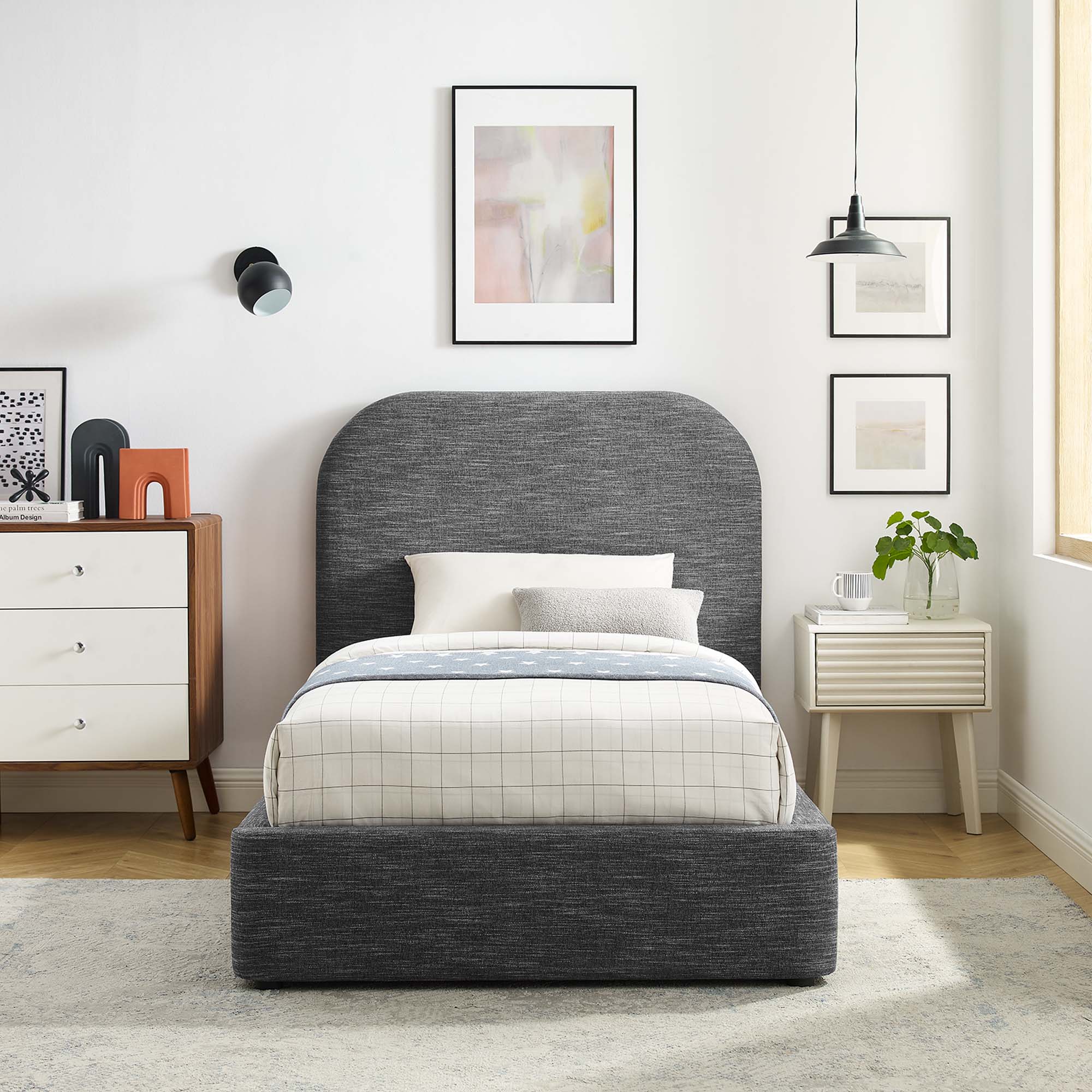 Keynote Upholstered Fabric Curved Twin Platform Bed, Heathered Weave Slate