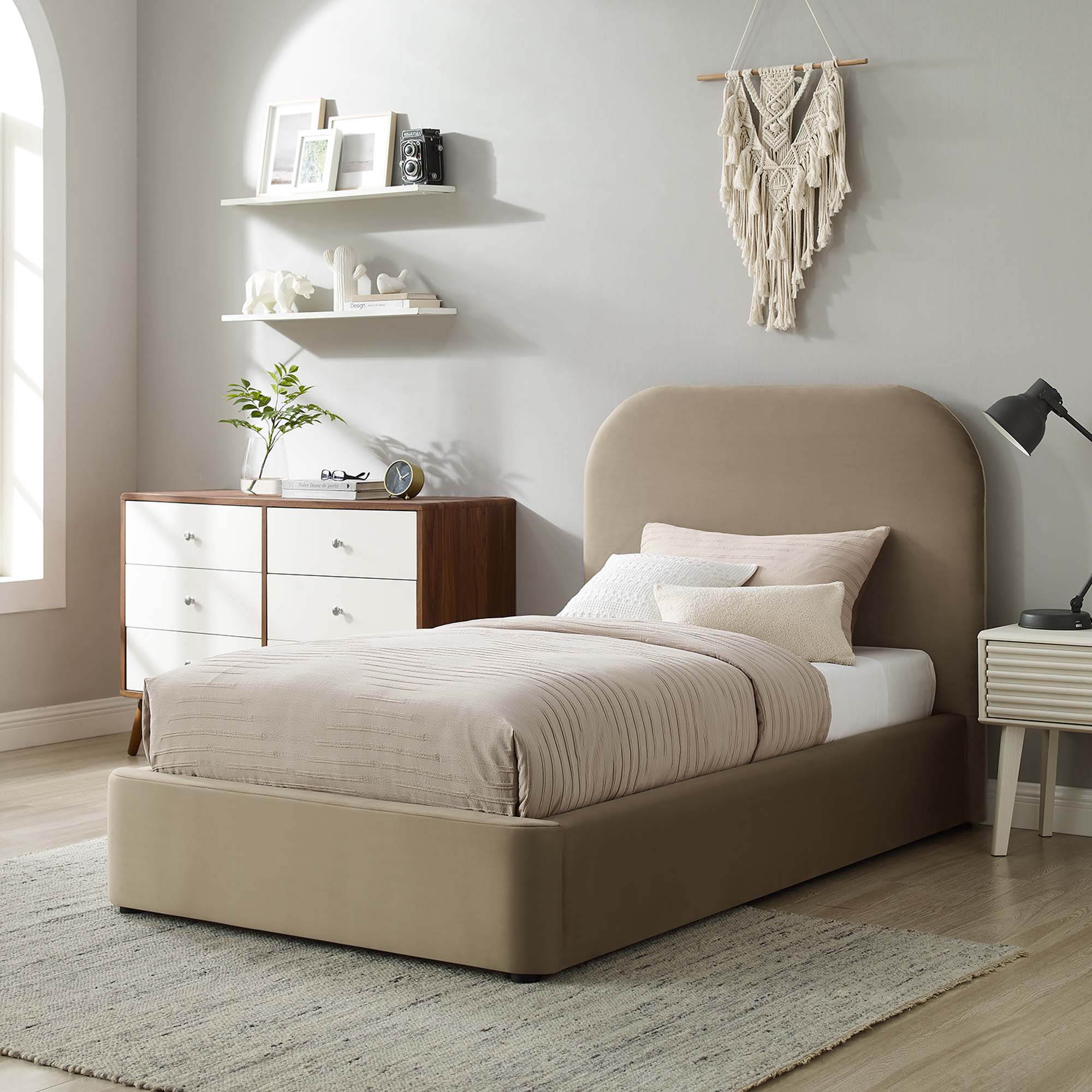 Keynote Taupe Performance Velvet Curved Twin Platform Bed