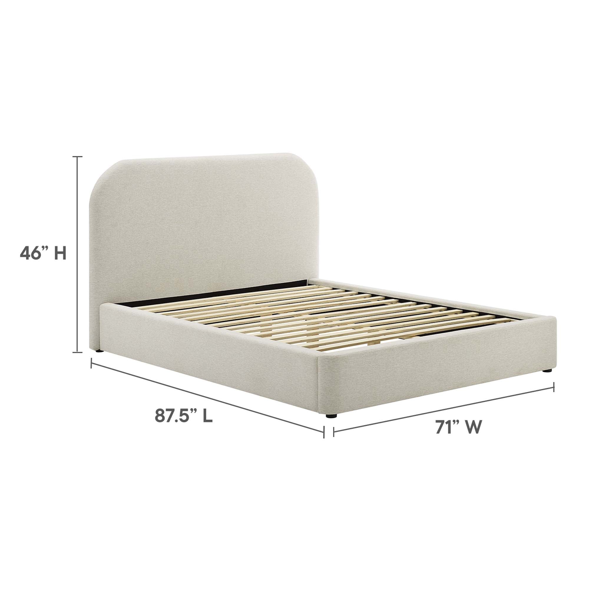 Keynote Upholstered Fabric Curved Queen Platform Bed, Heathered Weave Ivory