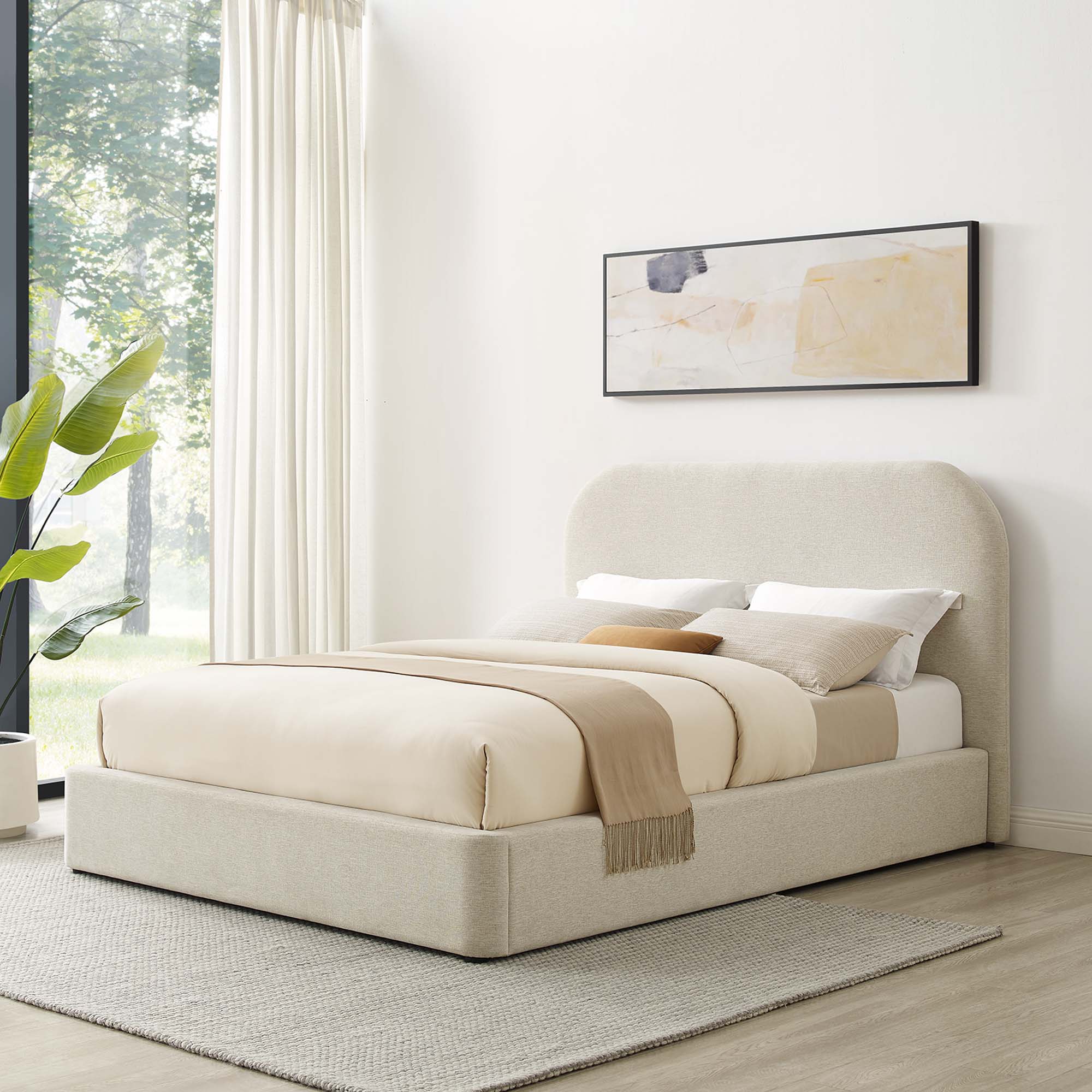 Keynote Upholstered Fabric Curved Queen Platform Bed, Heathered Weave Ivory