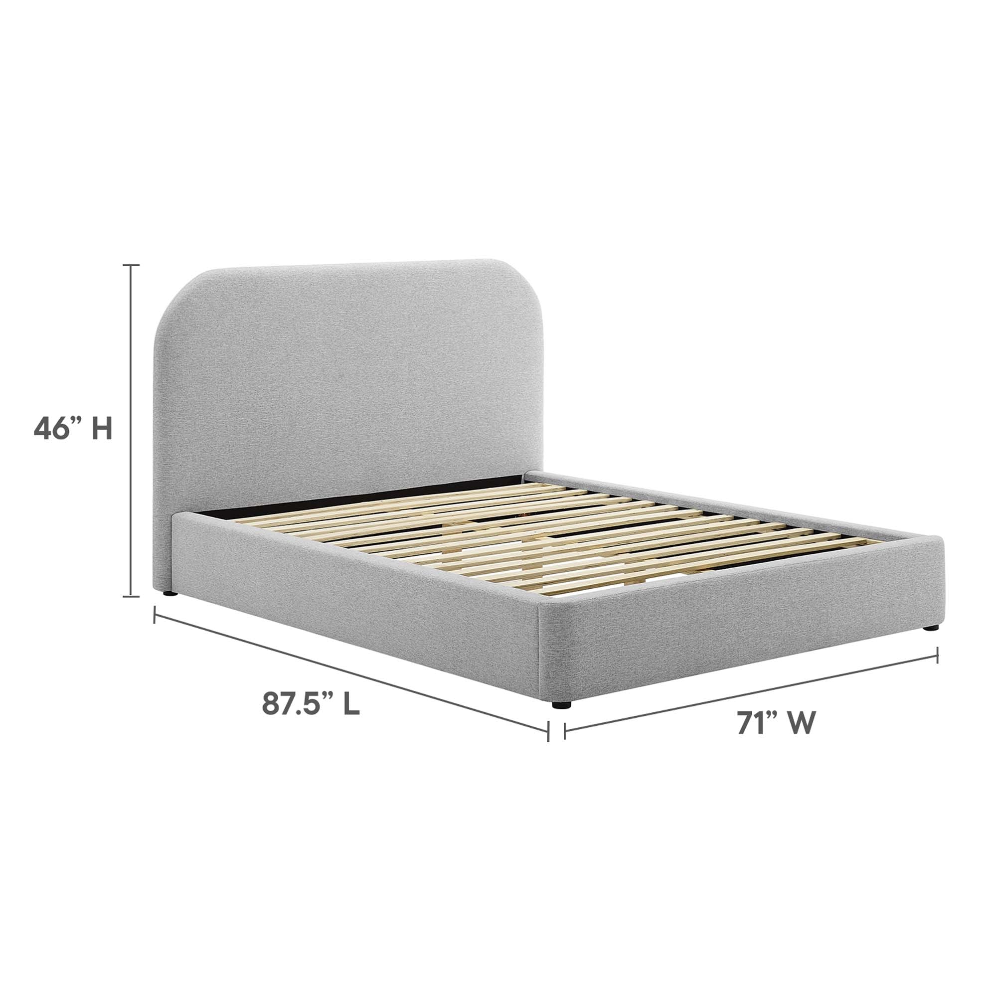 Keynote Upholstered Fabric Curved Queen Platform Bed, Heathered Weave Light Gray