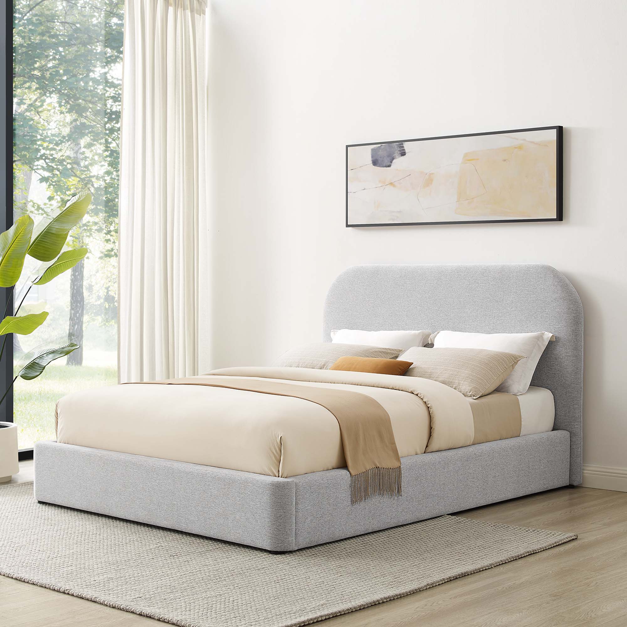 Keynote Upholstered Fabric Curved Queen Platform Bed, Heathered Weave Light Gray