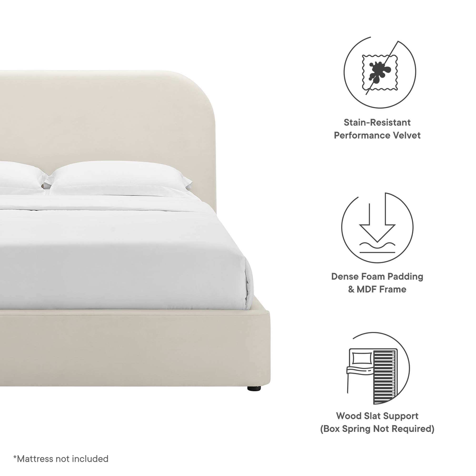 Keynote Alabaster Performance Velvet Curved Queen Platform Bed