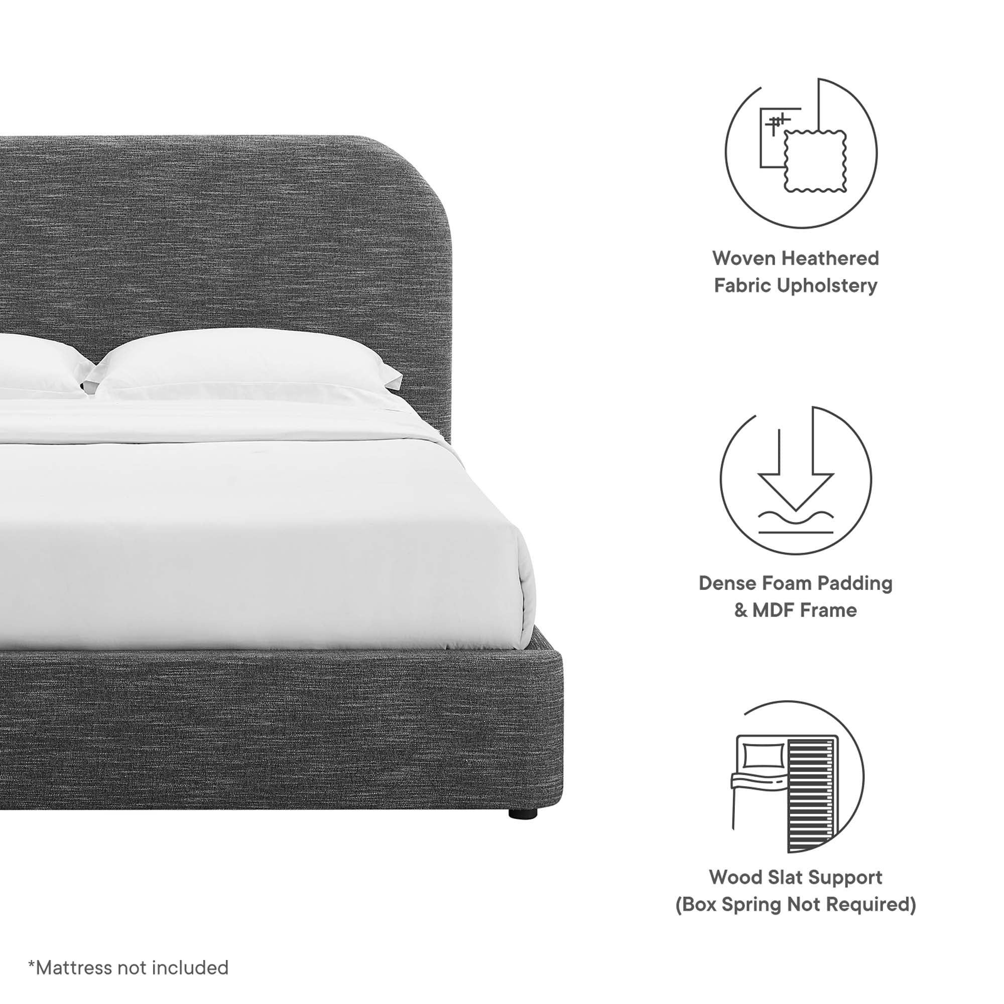 Keynote Upholstered Fabric Curved King Platform Bed, Heathered Weave Slate