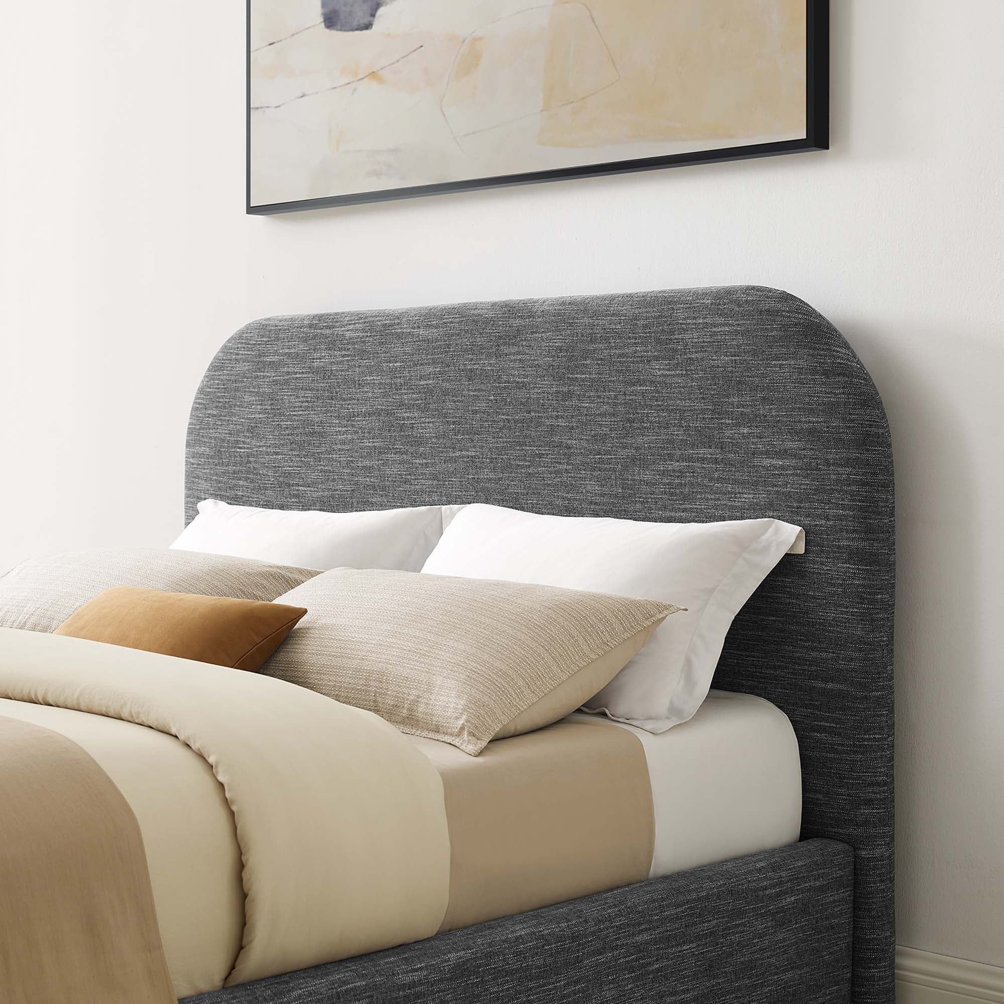 Keynote Upholstered Fabric Curved King Platform Bed, Heathered Weave Slate