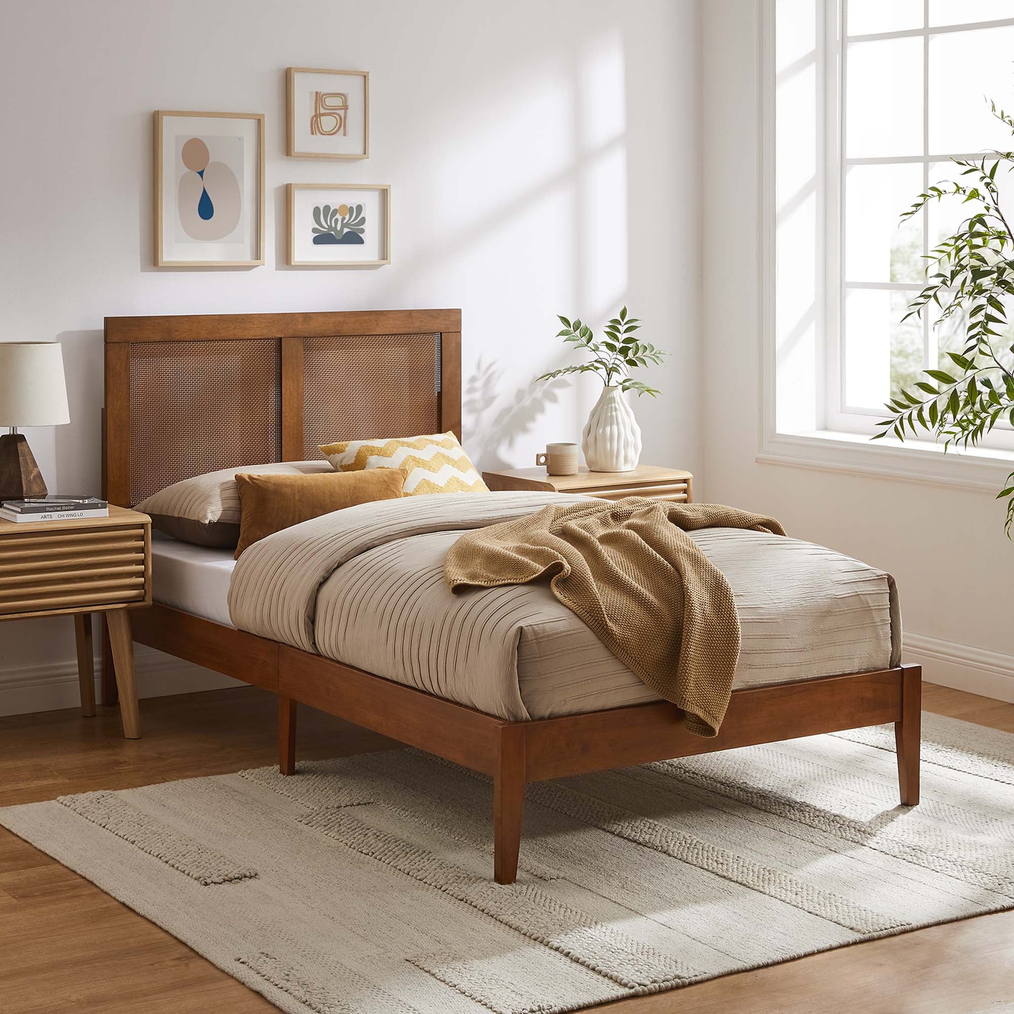Sirocco Walnut Rattan and Wood Twin Platform Bed