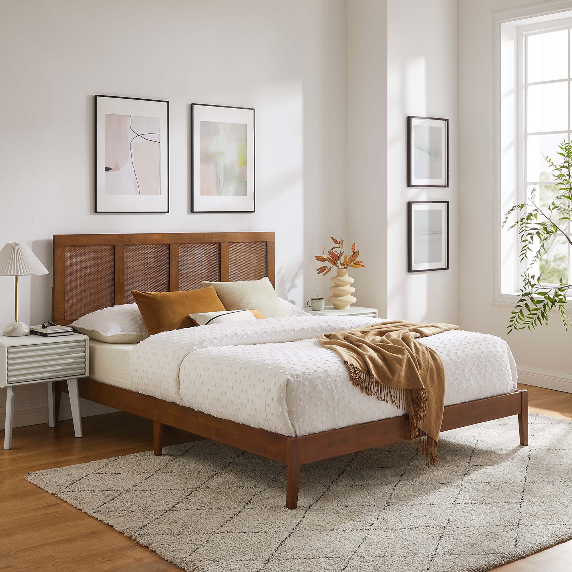 Sirocco Walnut Rattan and Wood Queen Platform Bed