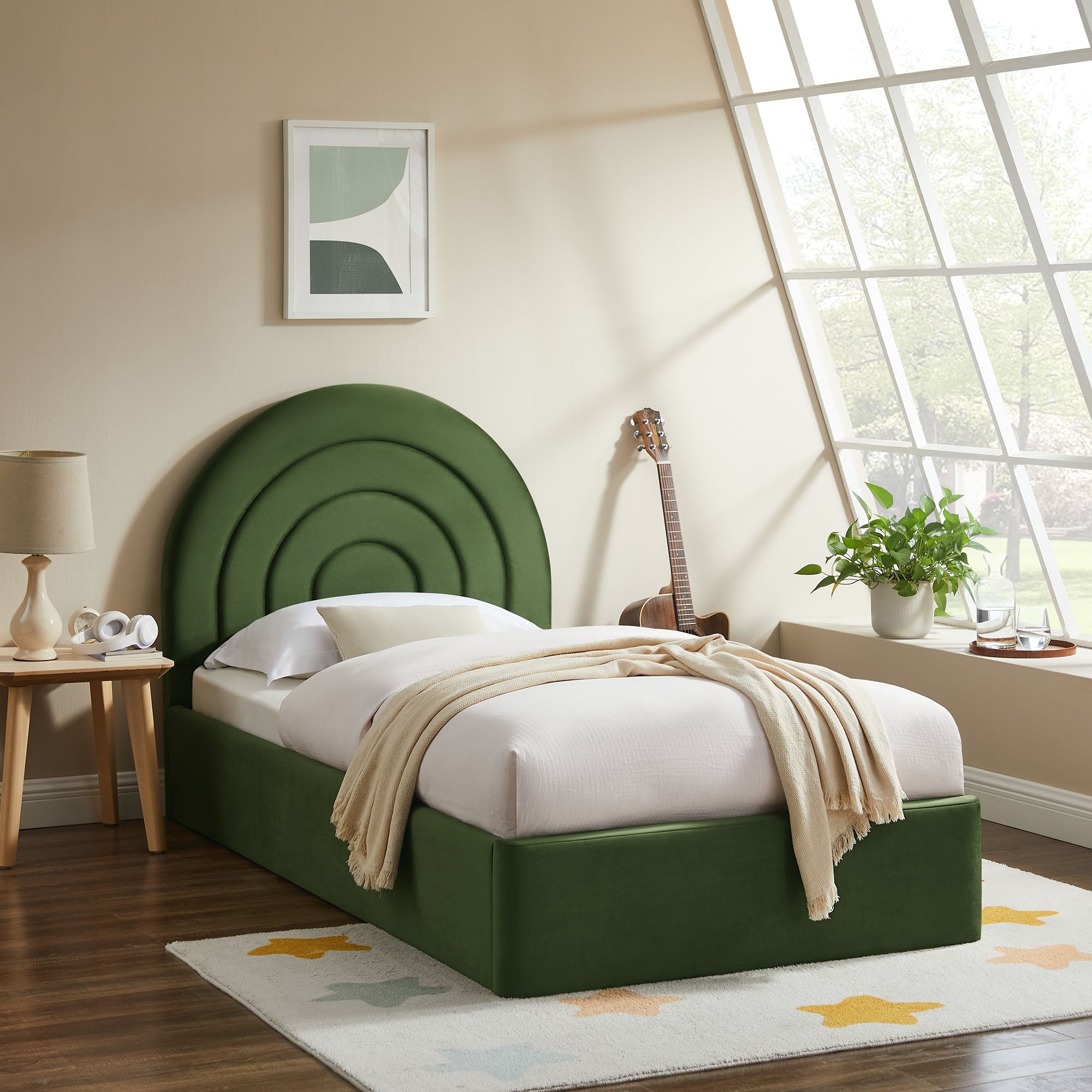 Solana Arched Performance Velvet Twin Platform Bed, Moss Green