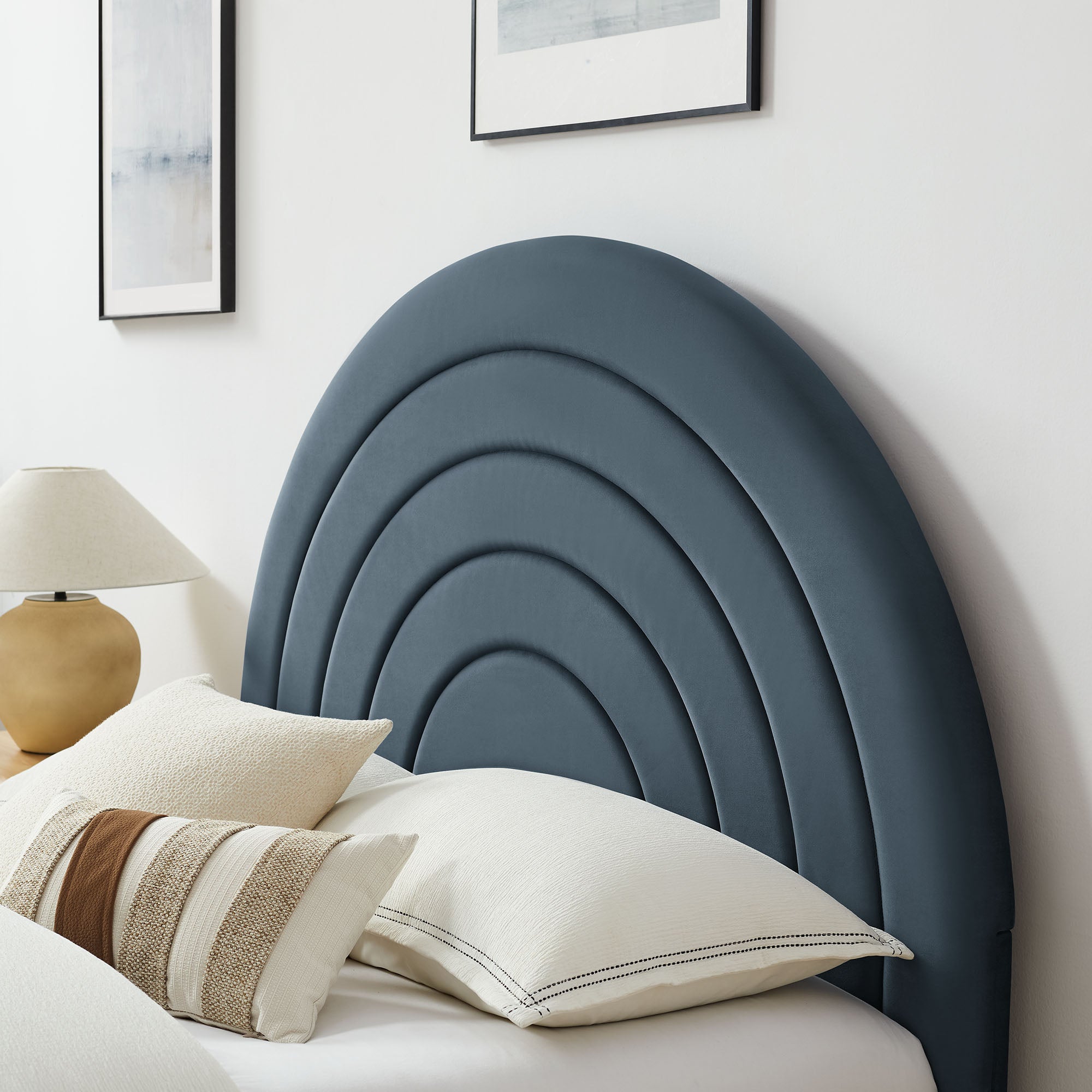 Solana Arched Performance Velvet Queen Platform Bed, Cadet Blue