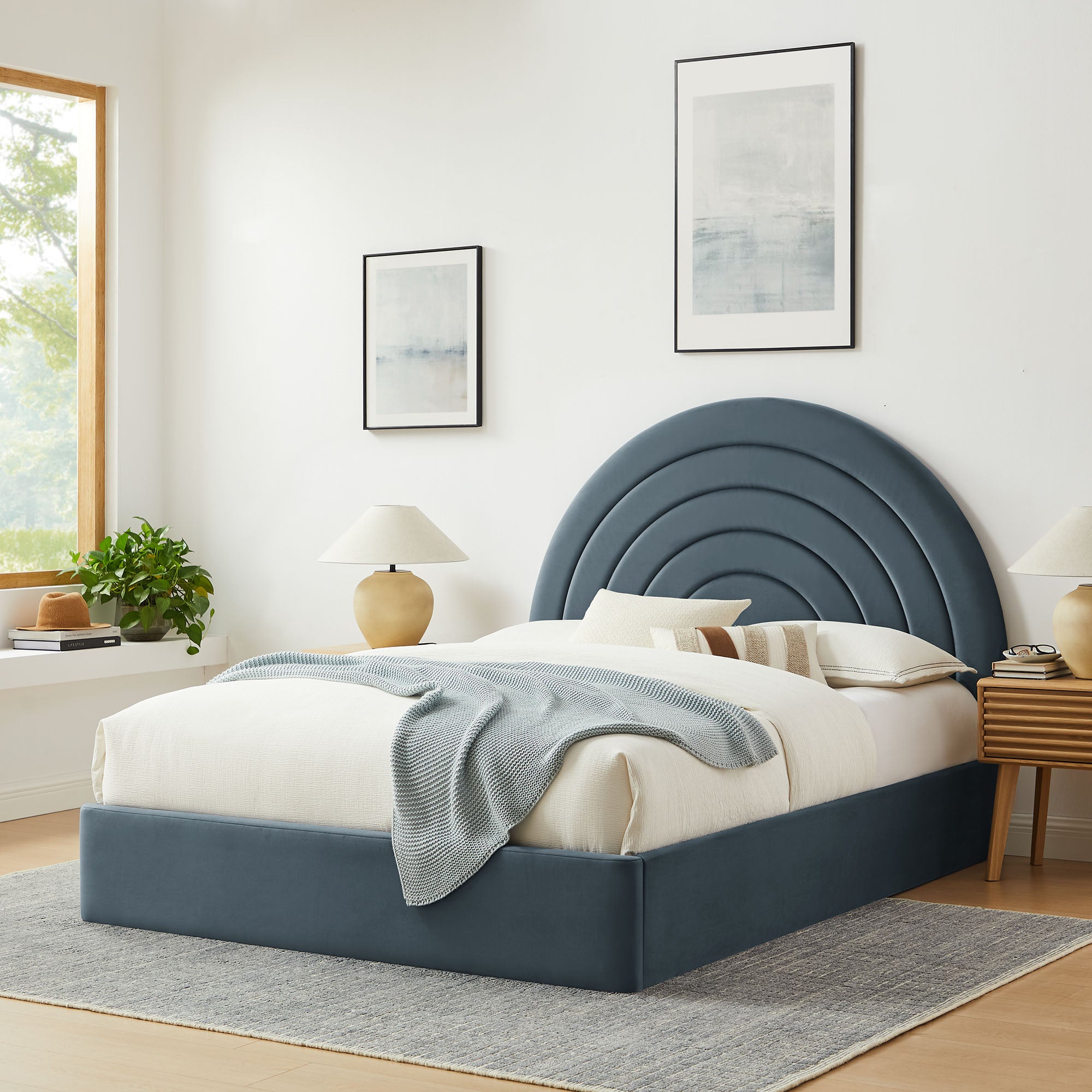 Solana Arched Performance Velvet Queen Platform Bed, Cadet Blue