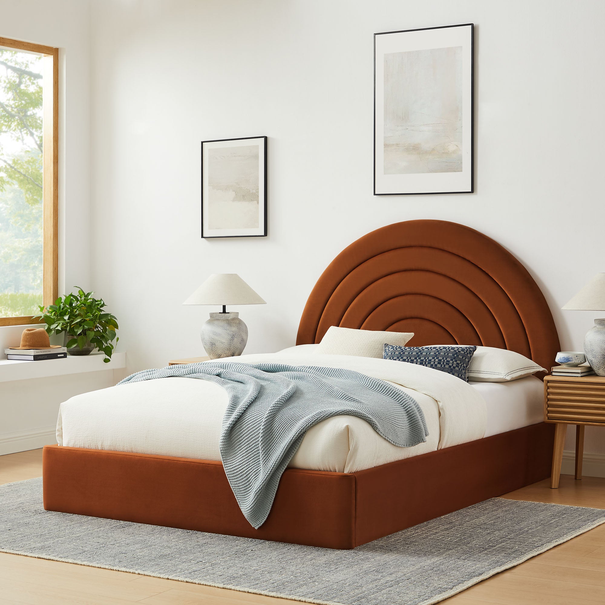 Solana Arched Performance Velvet Queen Platform Bed, Rust