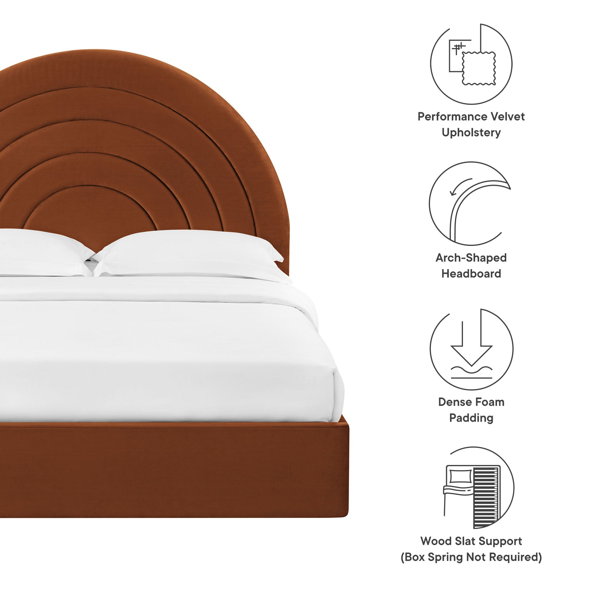 Solana Arched Performance Velvet Queen Platform Bed, Rust