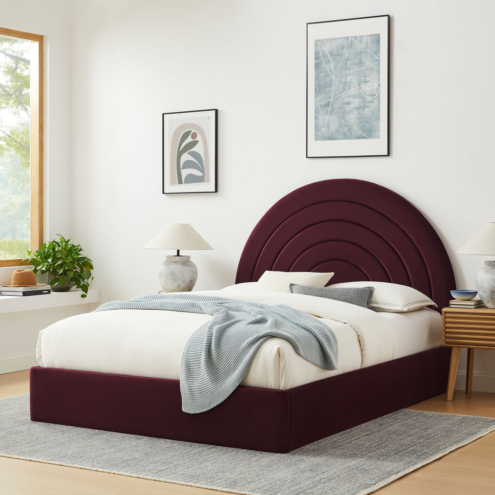 Solana Arched Performance Velvet King Platform Bed, Mulberry