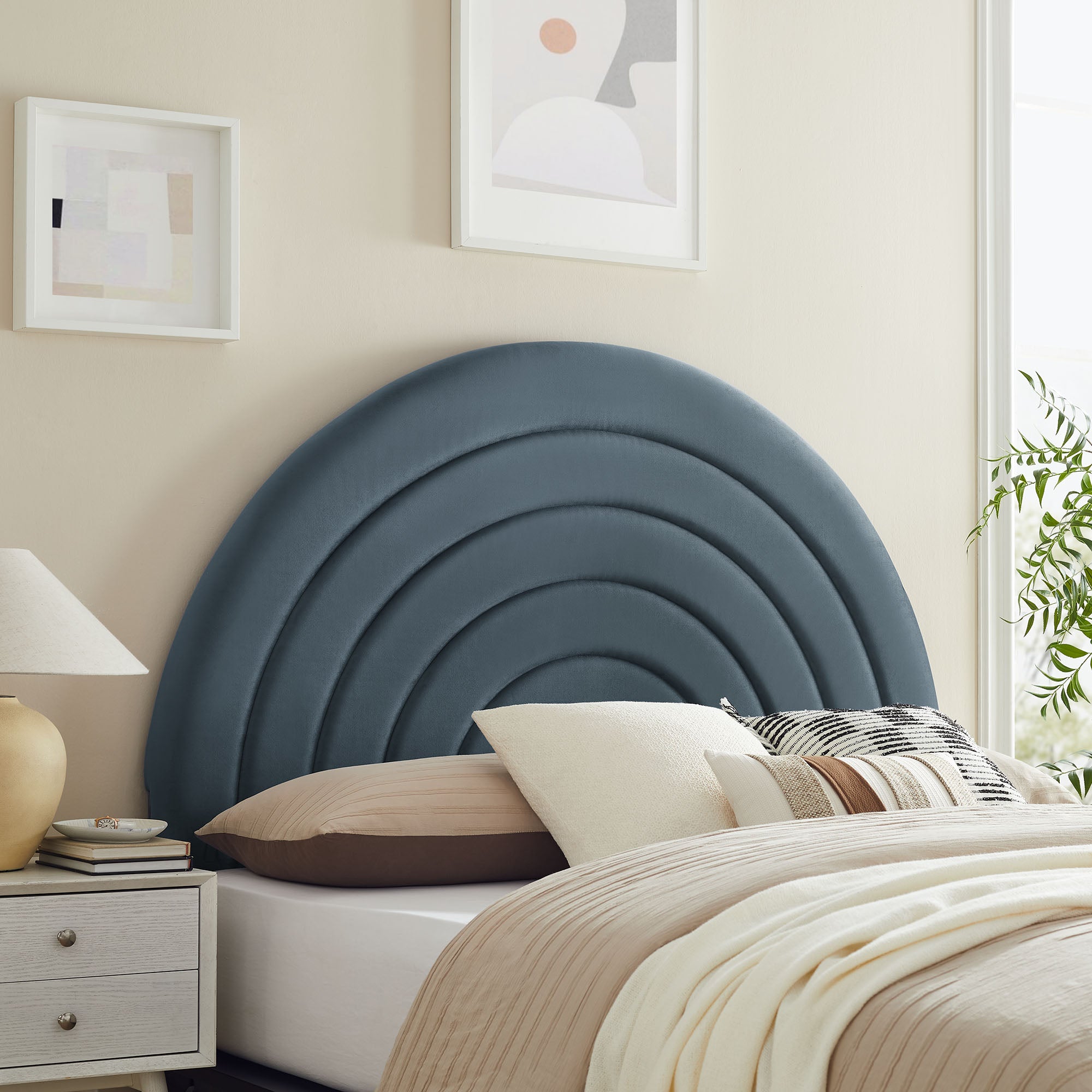 Solana Arched Performance Velvet Queen Headboard, Cadet Blue