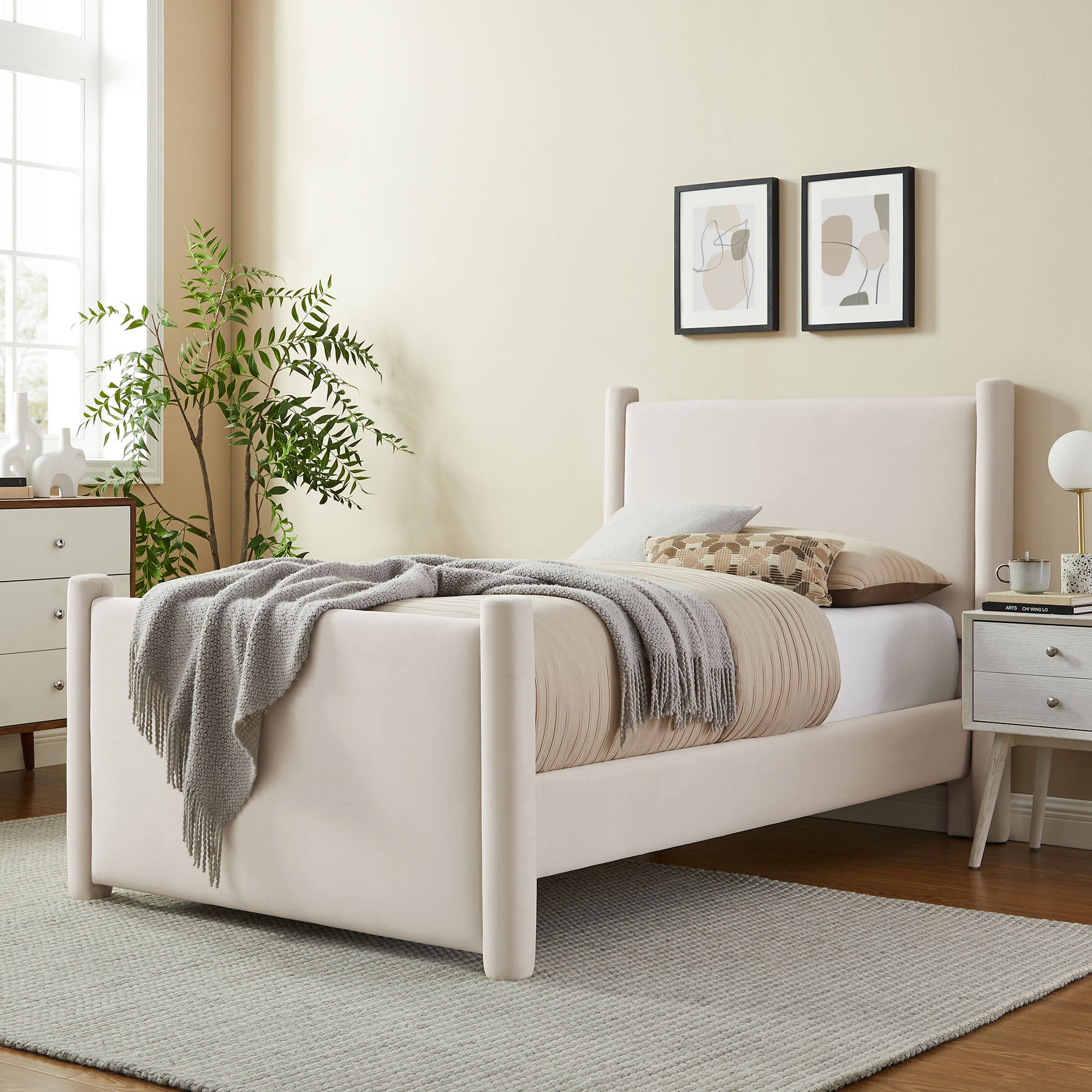 Rael Performance Velvet Twin Platform Bed, Alabaster