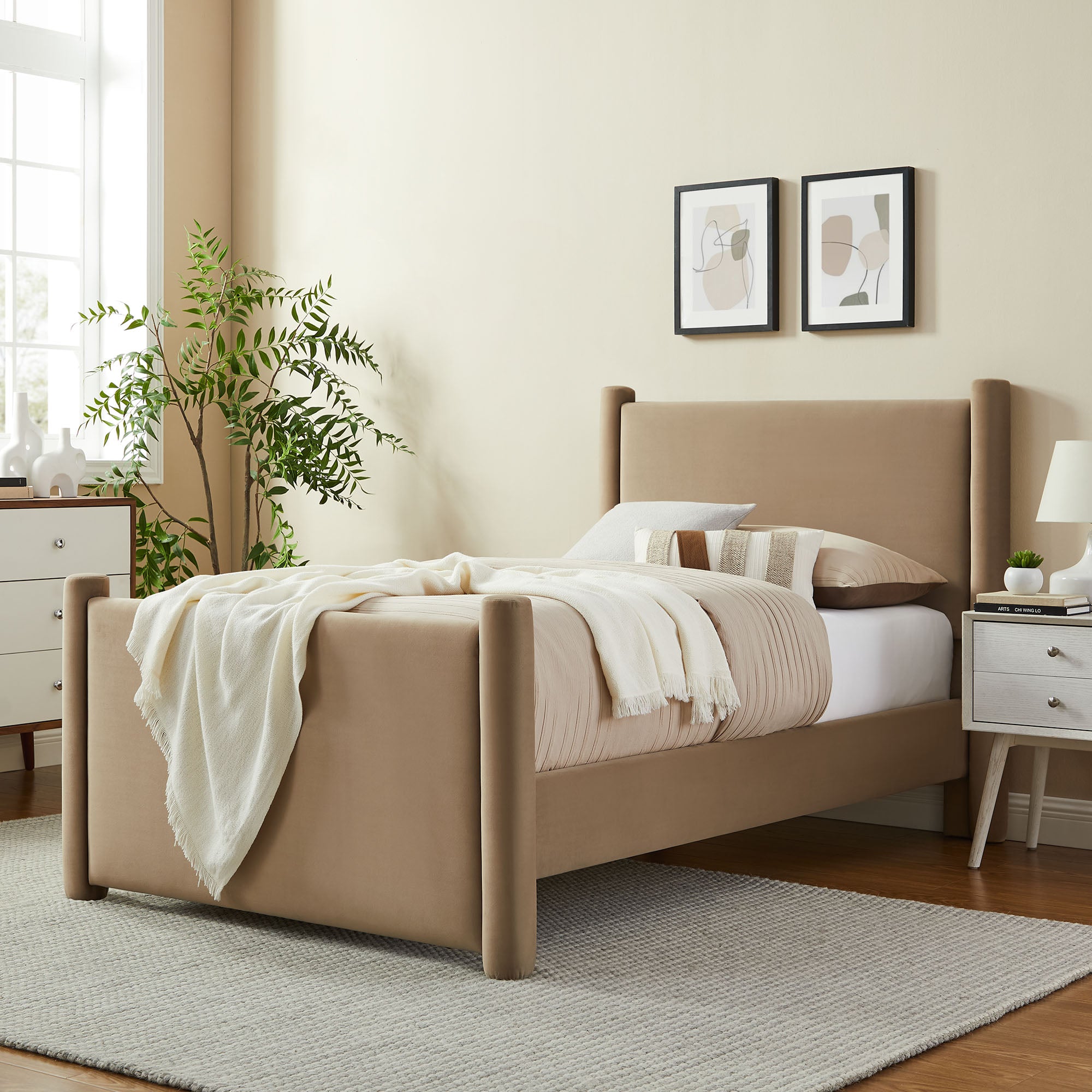 Rael Performance Velvet Twin Platform Bed, Taupe