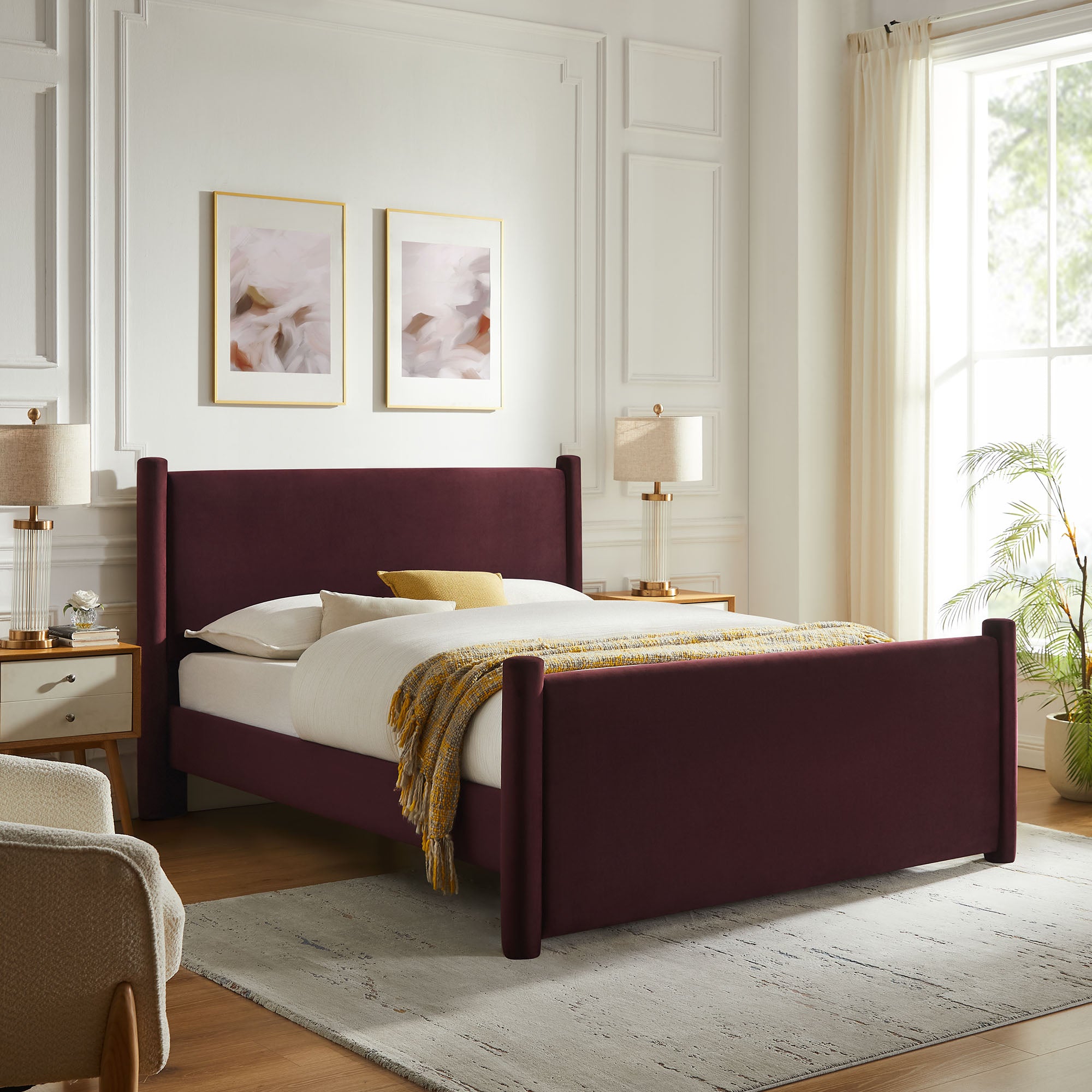 Rael Performance Velvet Queen Platform Bed, Mulberry
