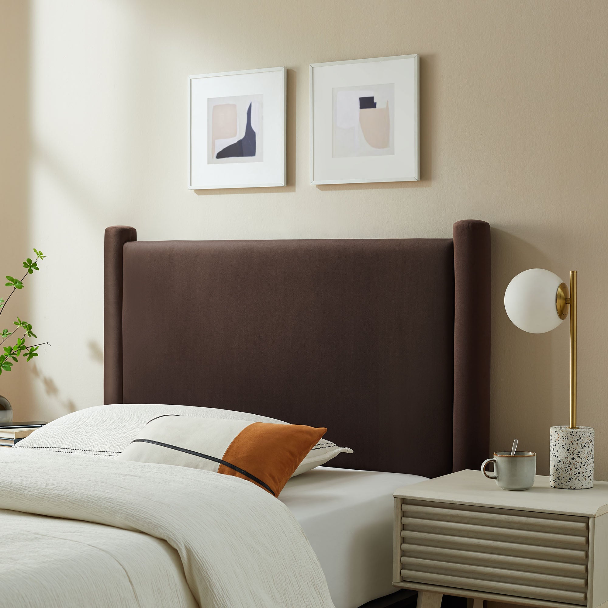 Rael Performance Velvet Twin Headboard, Chocolate Brown
