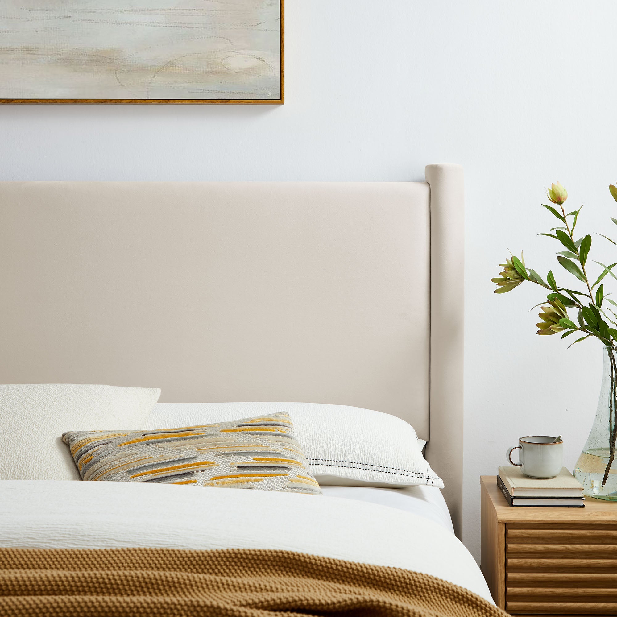 Rael Performance Velvet Queen Headboard, Alabaster