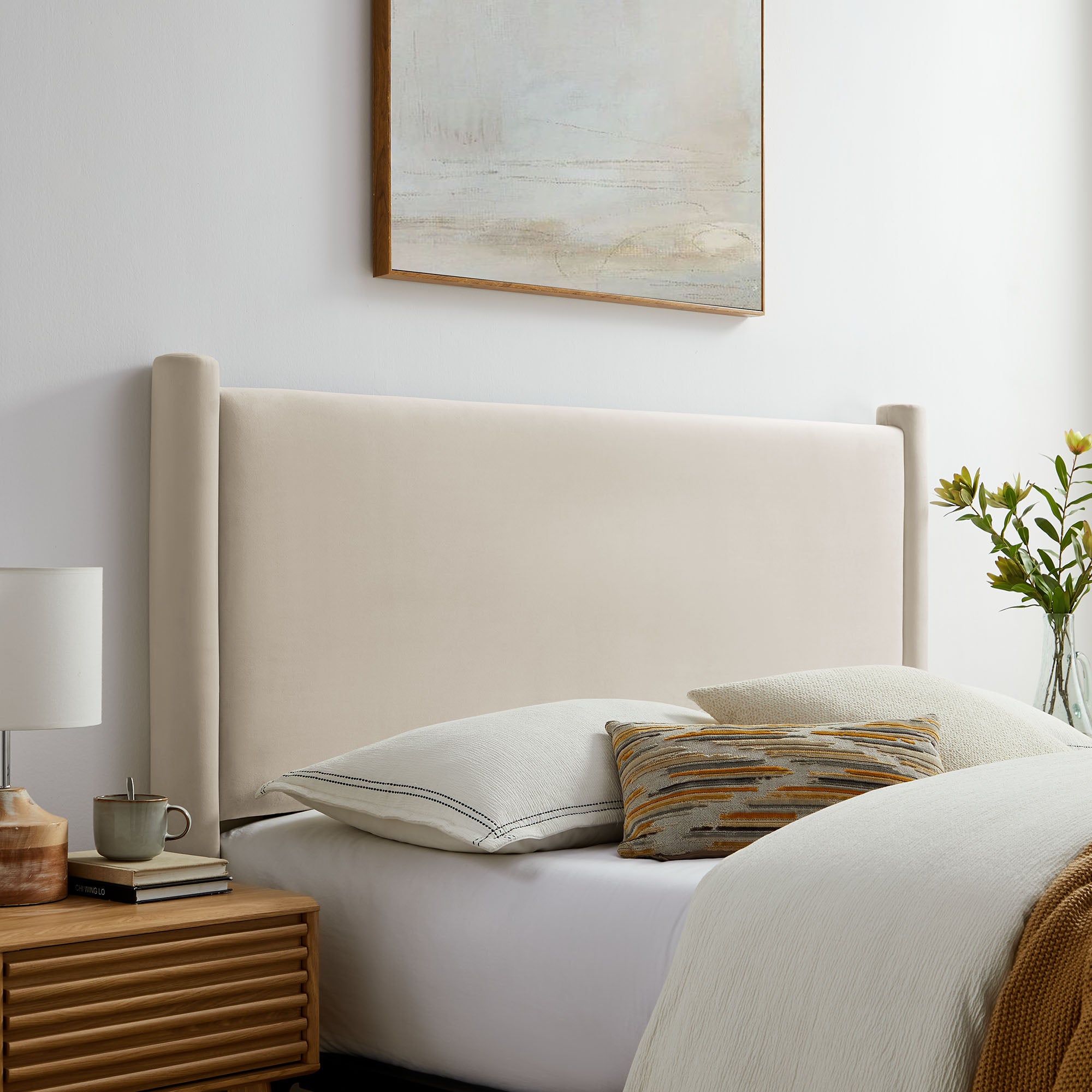 Rael Performance Velvet Queen Headboard, Alabaster