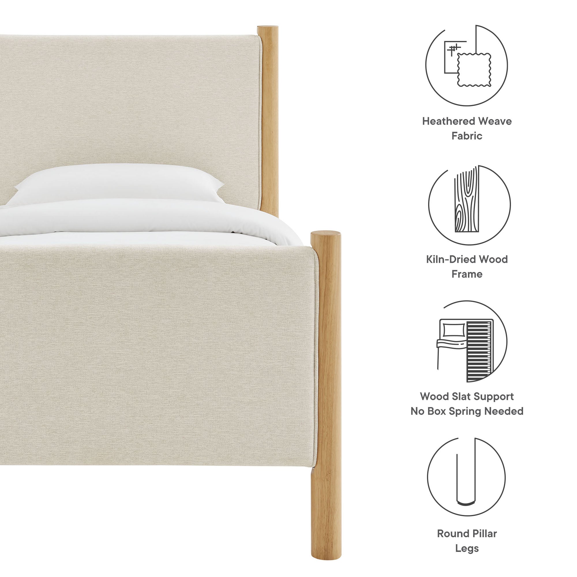 Maven Twin Size Fabric Upholstered Platform Bed, Ivory Oak