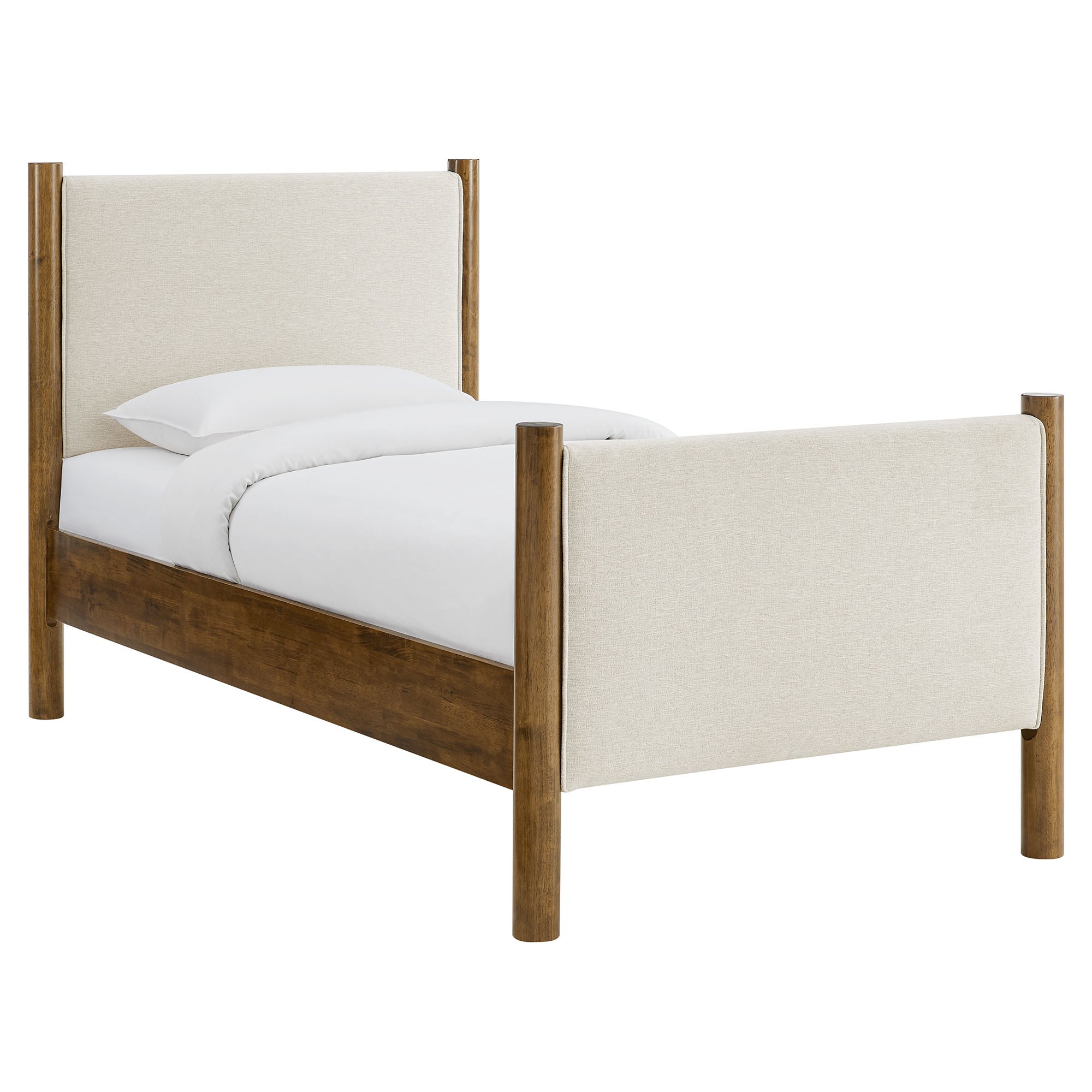 Maven Twin Size Fabric Upholstered Platform Bed, Ivory Walnut