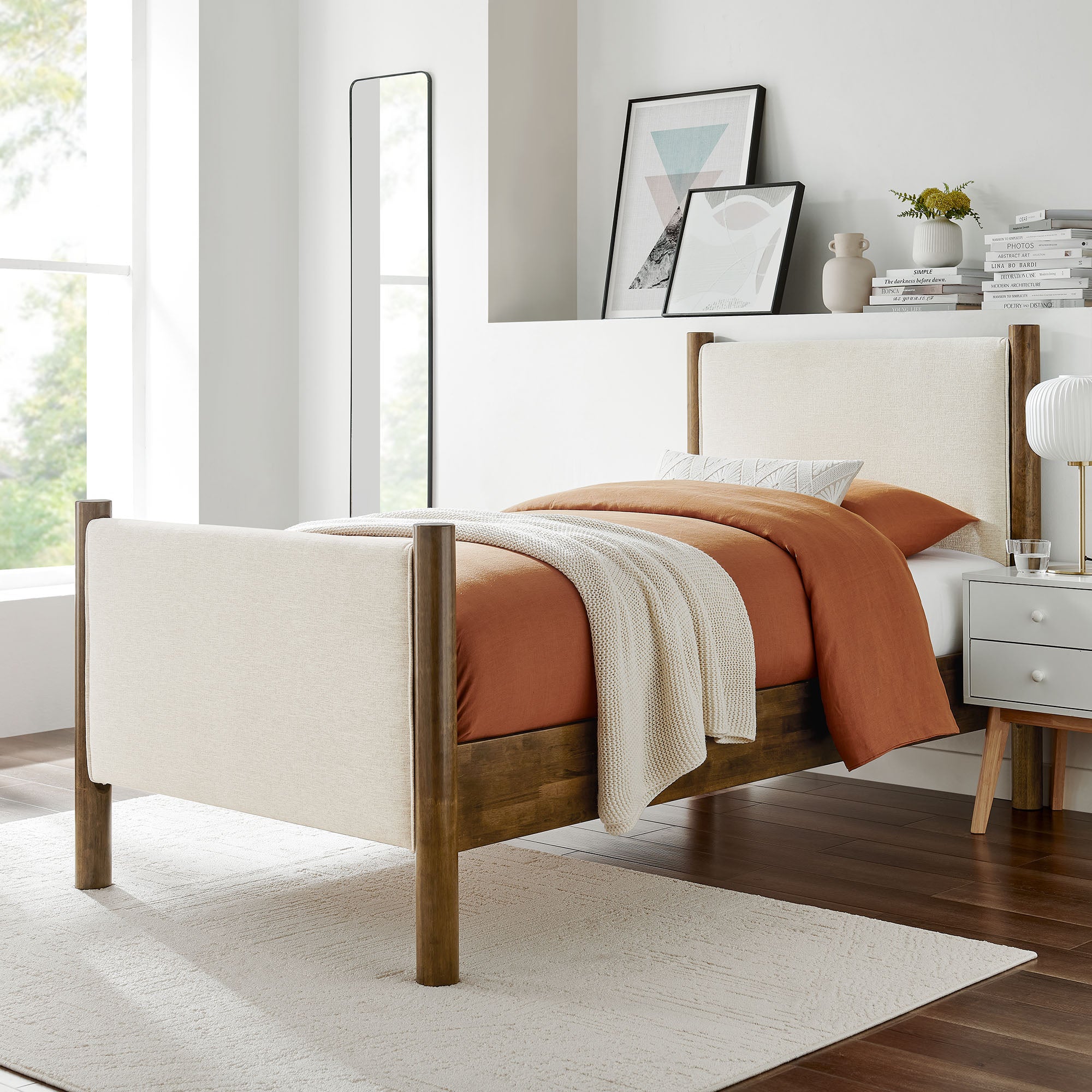 Maven Twin Size Fabric Upholstered Platform Bed, Ivory Walnut
