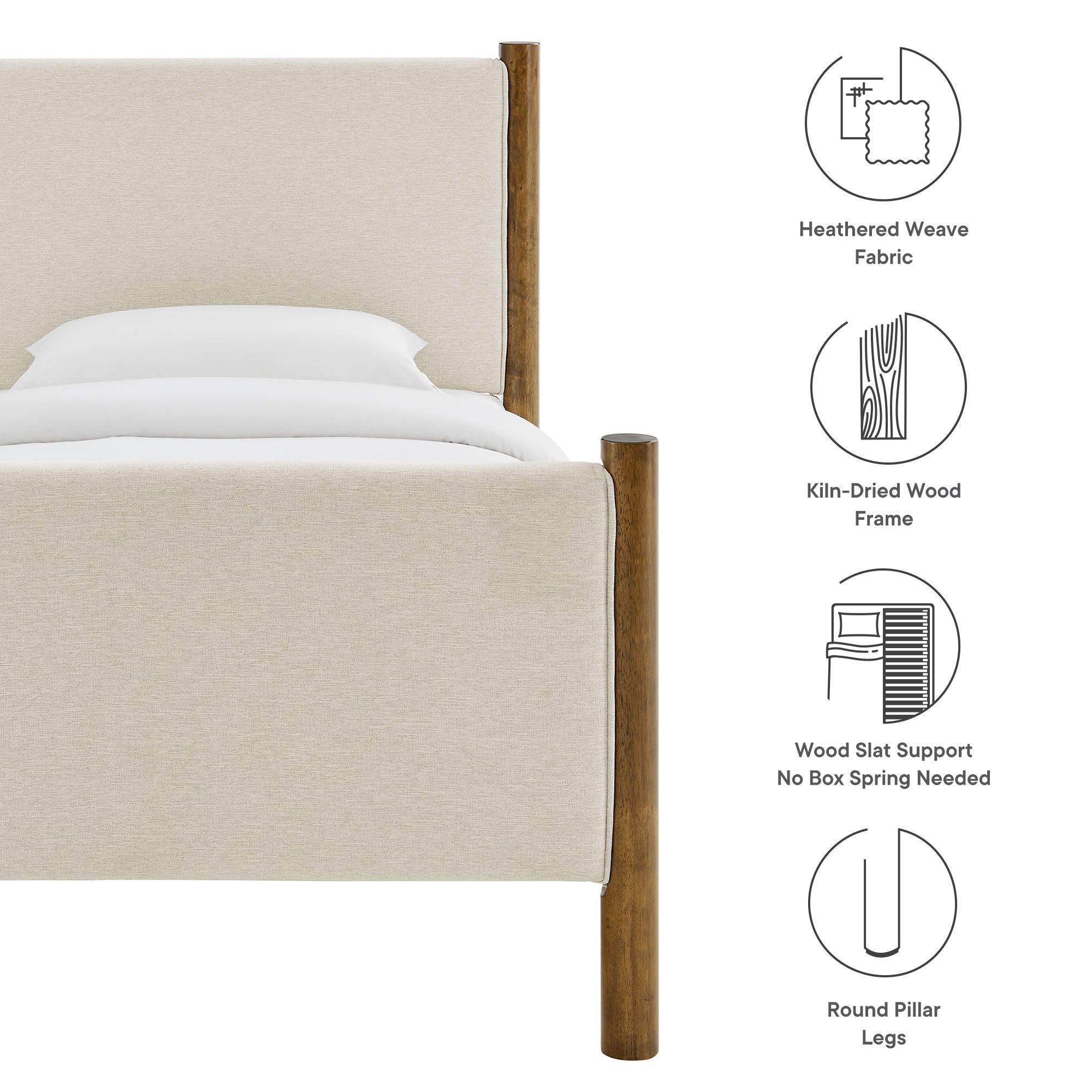Maven Twin Size Fabric Upholstered Platform Bed, Ivory Walnut
