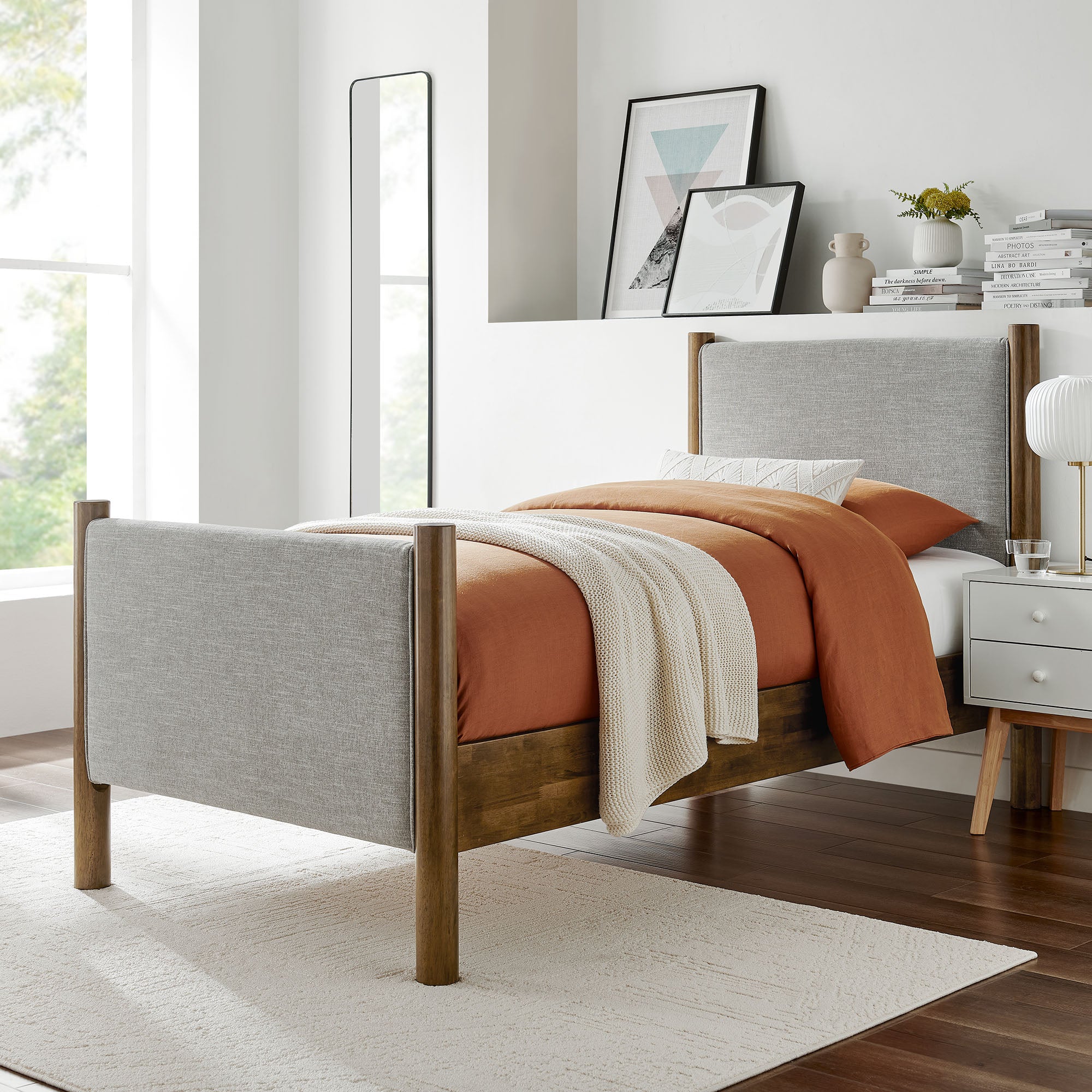 Maven Twin Size Fabric Upholstered Platform Bed, Wheat Walnut