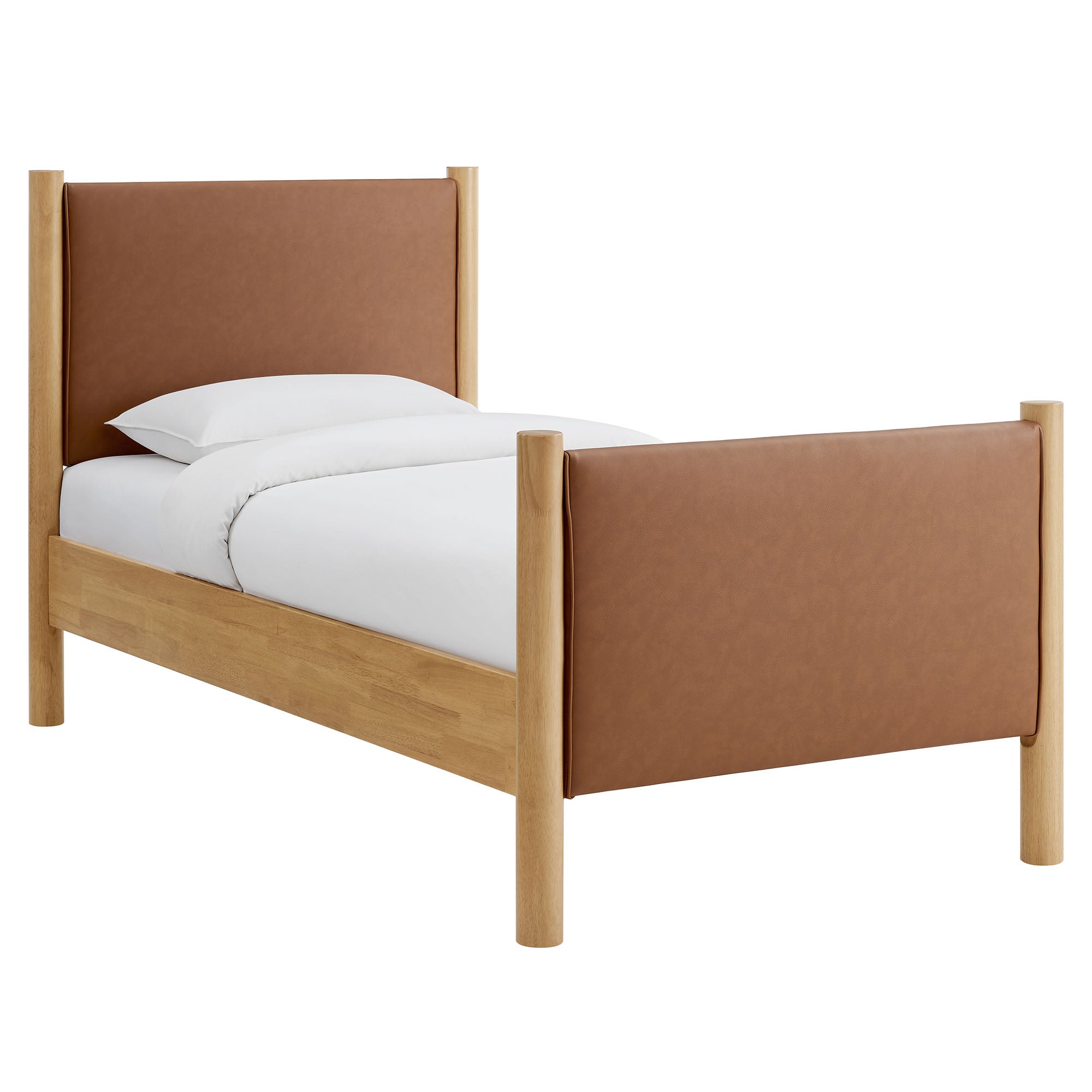 Maven Twin Size Vegan Leather Upholstered Platform Bed, Tan Oak