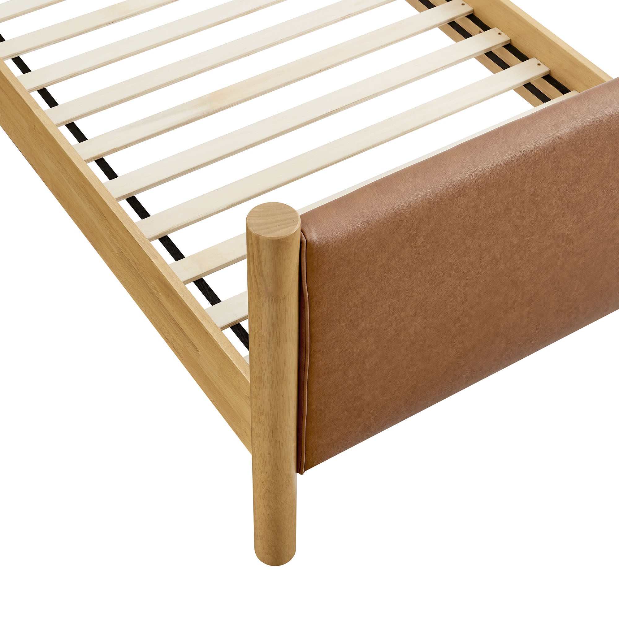 Maven Twin Size Vegan Leather Upholstered Platform Bed, Tan Oak