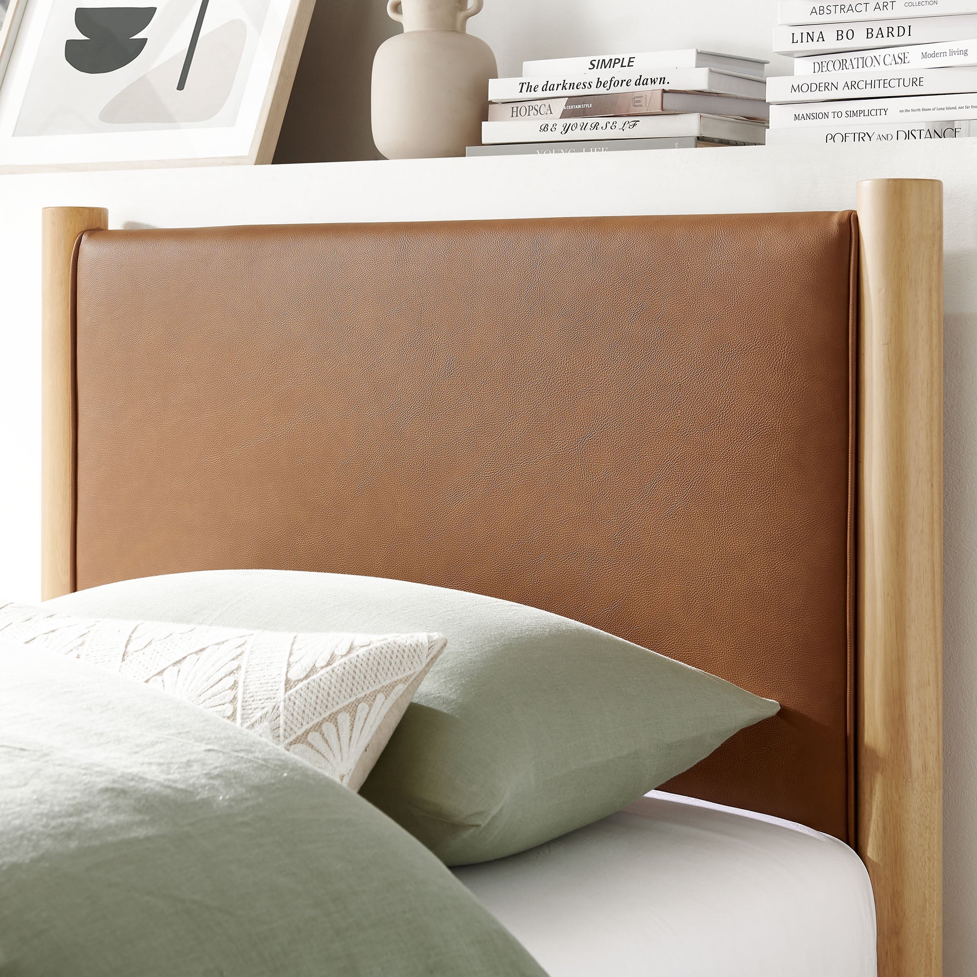 Maven Twin Size Vegan Leather Upholstered Platform Bed, Tan Oak