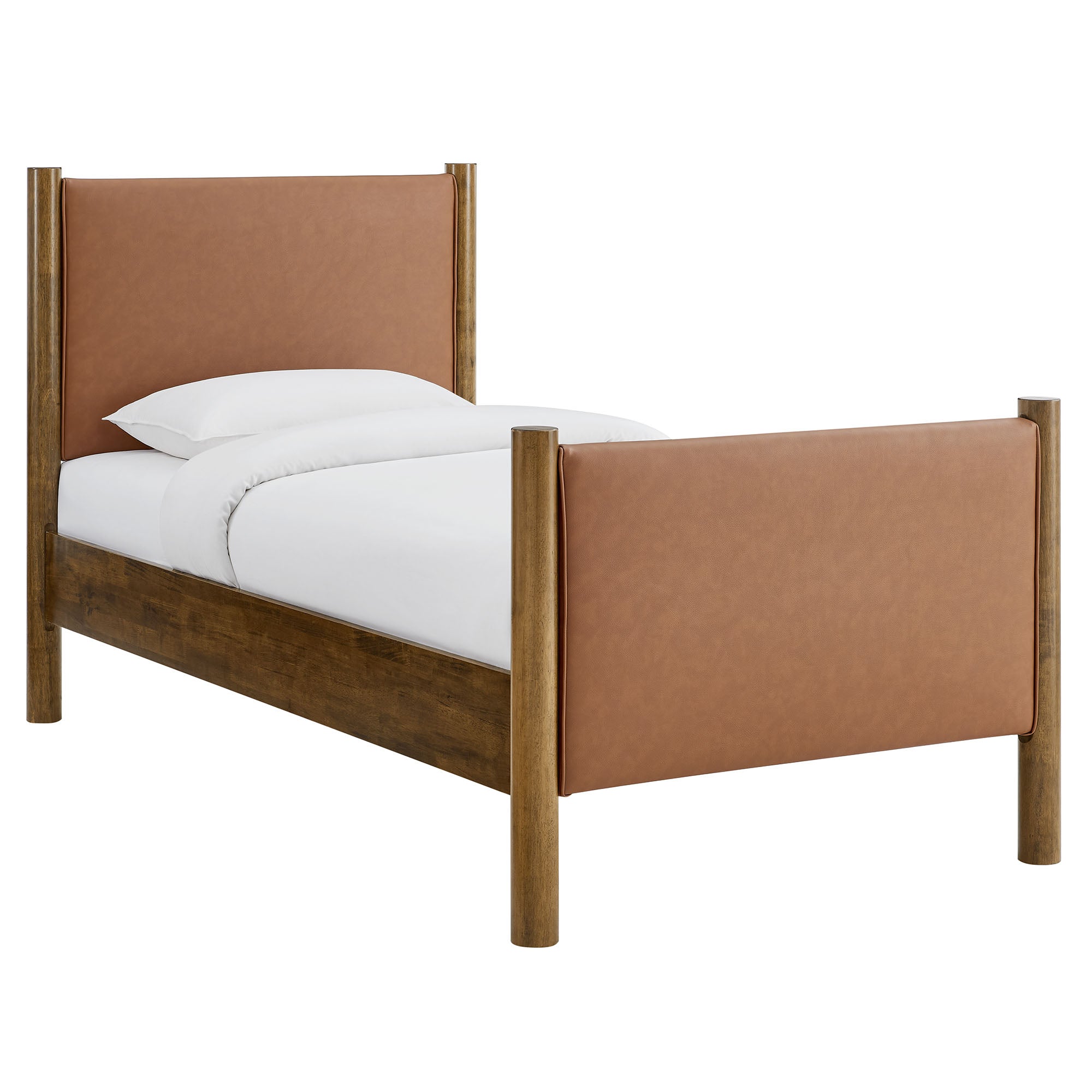 Maven Twin Size Vegan Leather Upholstered Platform Bed, Tan Walnut