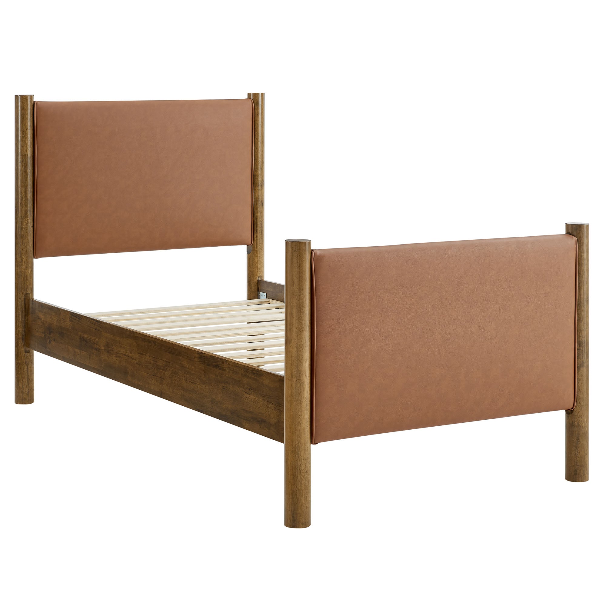 Maven Twin Size Vegan Leather Upholstered Platform Bed, Tan Walnut