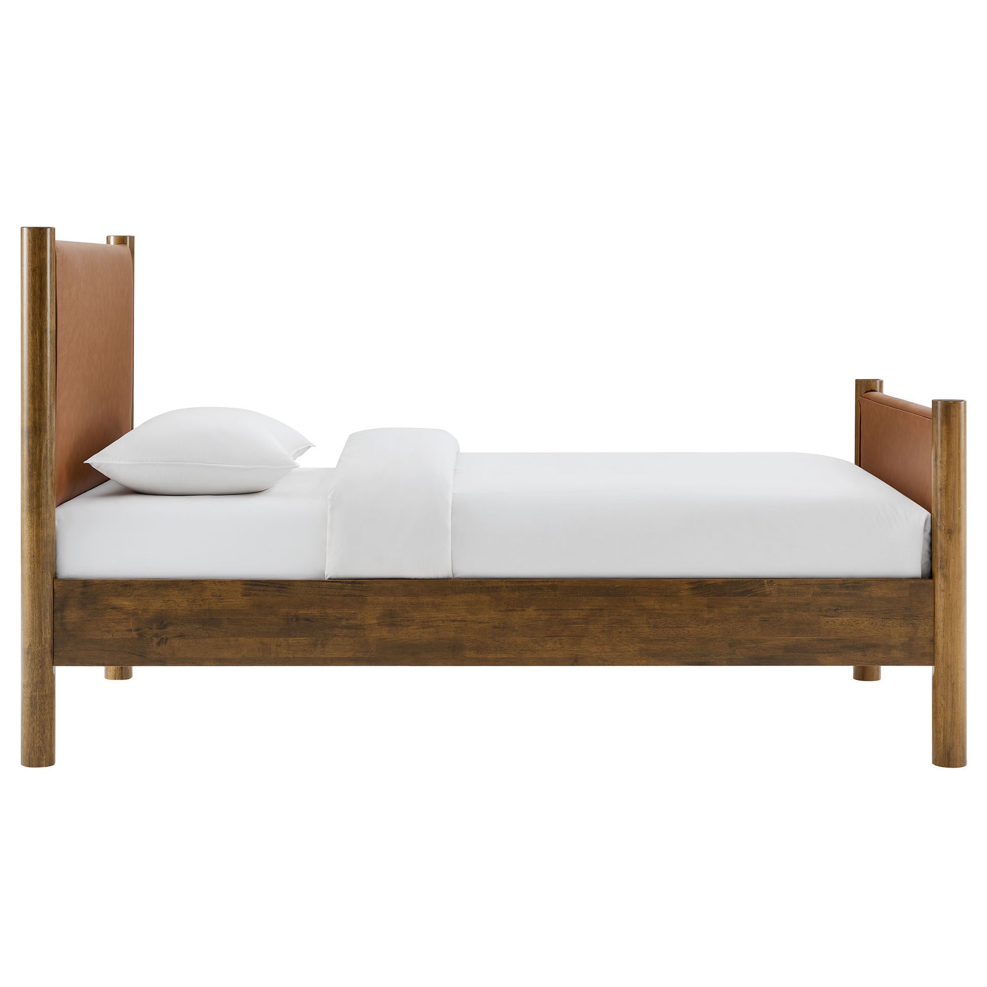Maven Twin Size Vegan Leather Upholstered Platform Bed, Tan Walnut