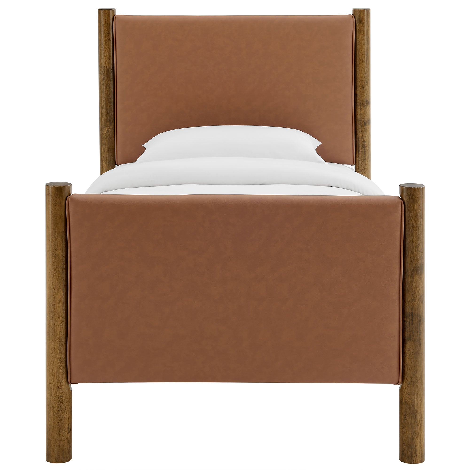 Maven Twin Size Vegan Leather Upholstered Platform Bed, Tan Walnut