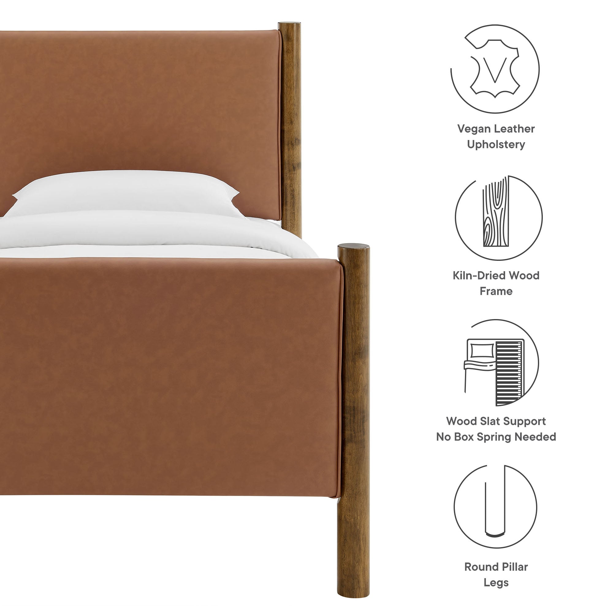 Maven Twin Size Vegan Leather Upholstered Platform Bed, Tan Walnut
