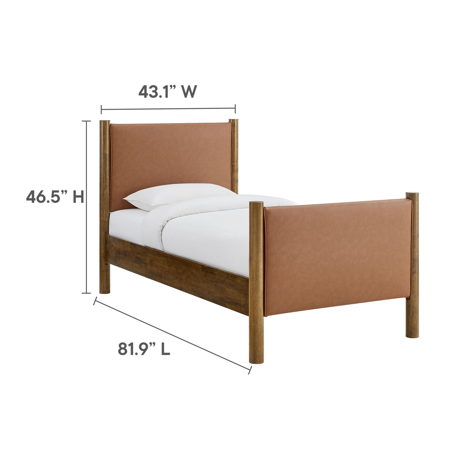 Maven Twin Size Vegan Leather Upholstered Platform Bed, Tan Walnut