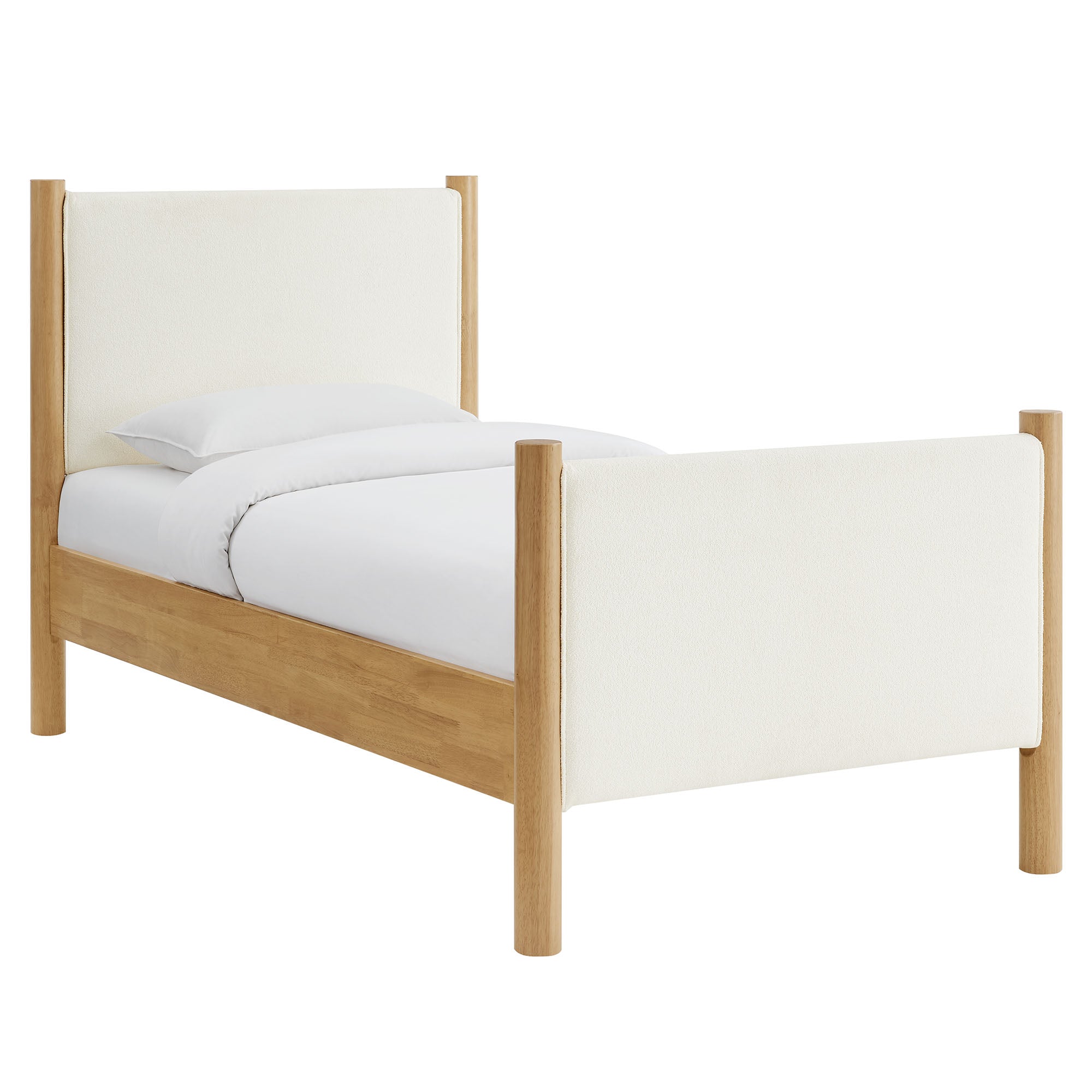 Maven Twin Size Boucle Upholstered Platform Bed, Feather Oak