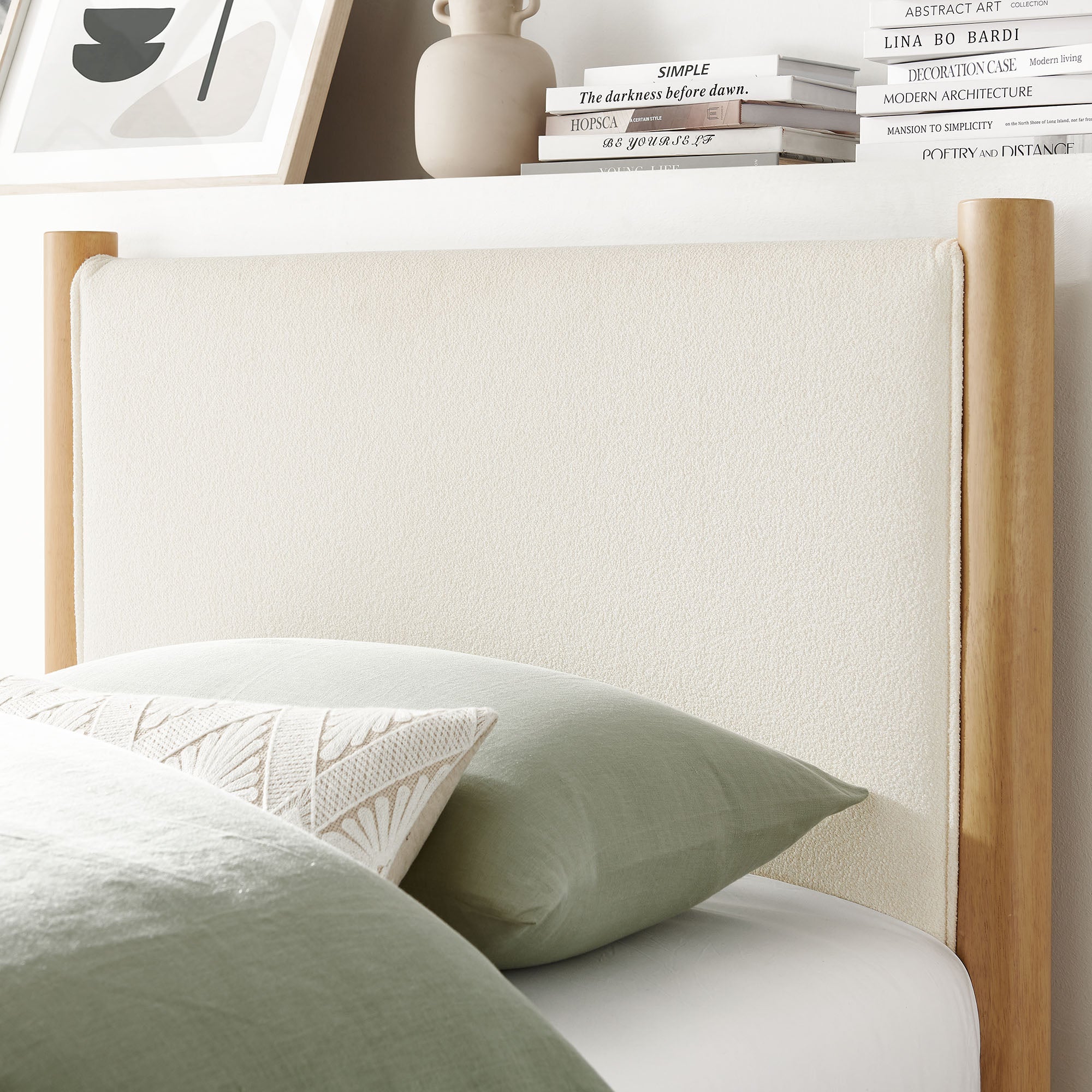 Maven Twin Size Boucle Upholstered Platform Bed, Feather Oak