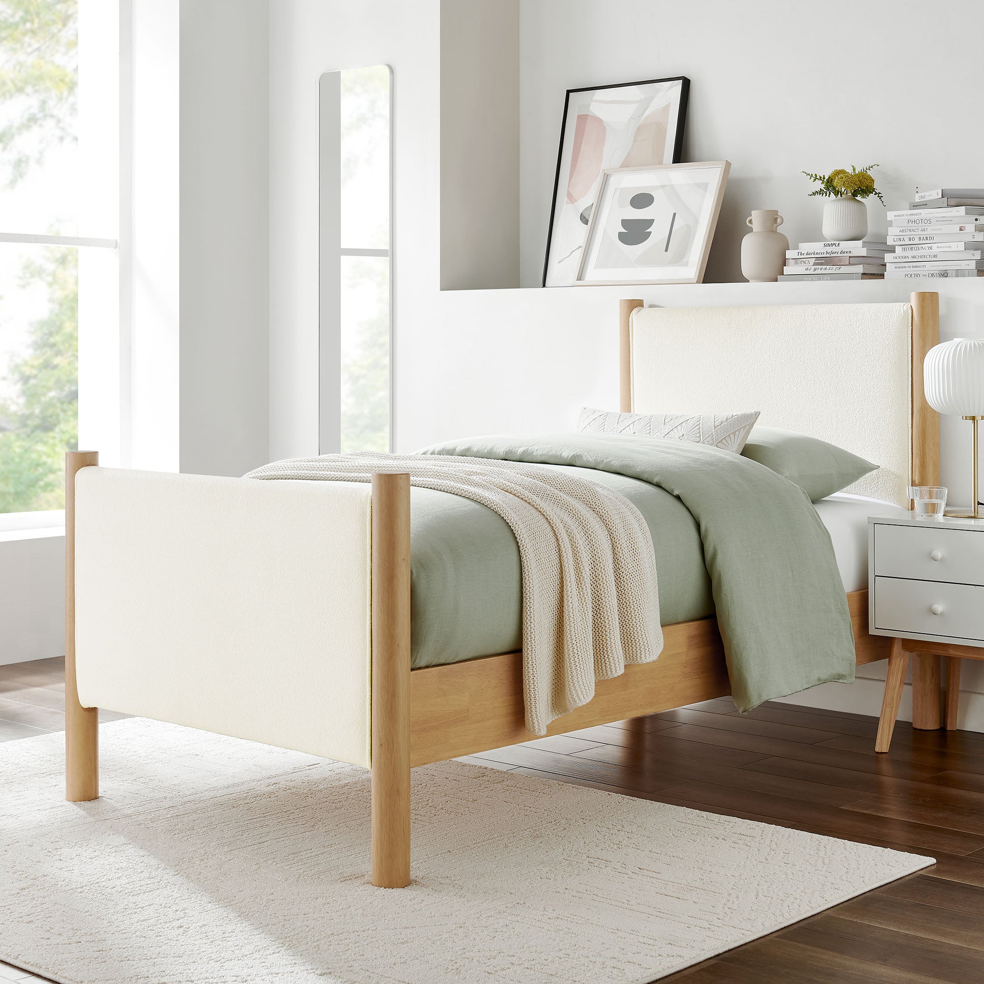 Maven Twin Size Boucle Upholstered Platform Bed, Feather Oak