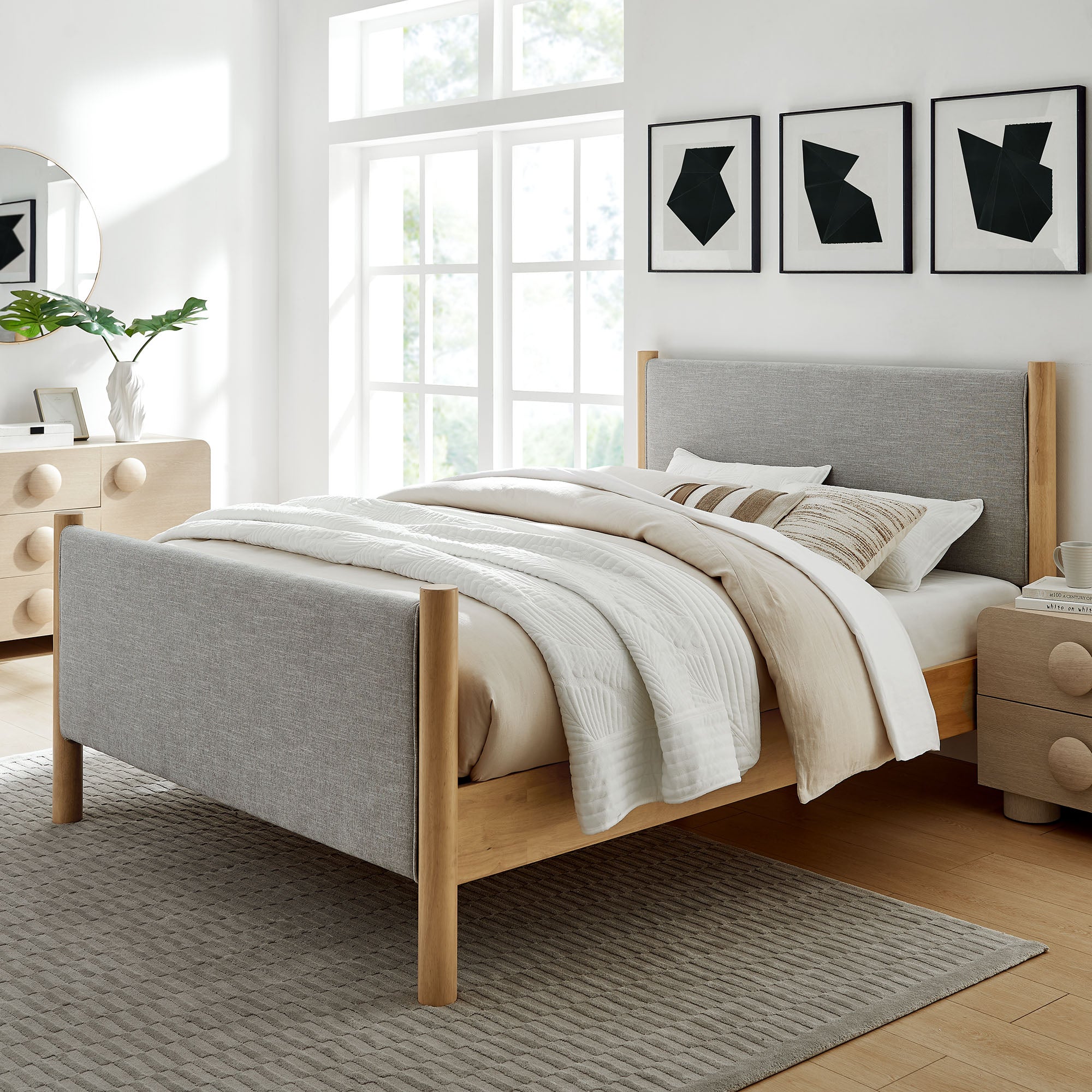 Maven Queen Size Fabric Upholstered Platform Bed, Wheat Oak