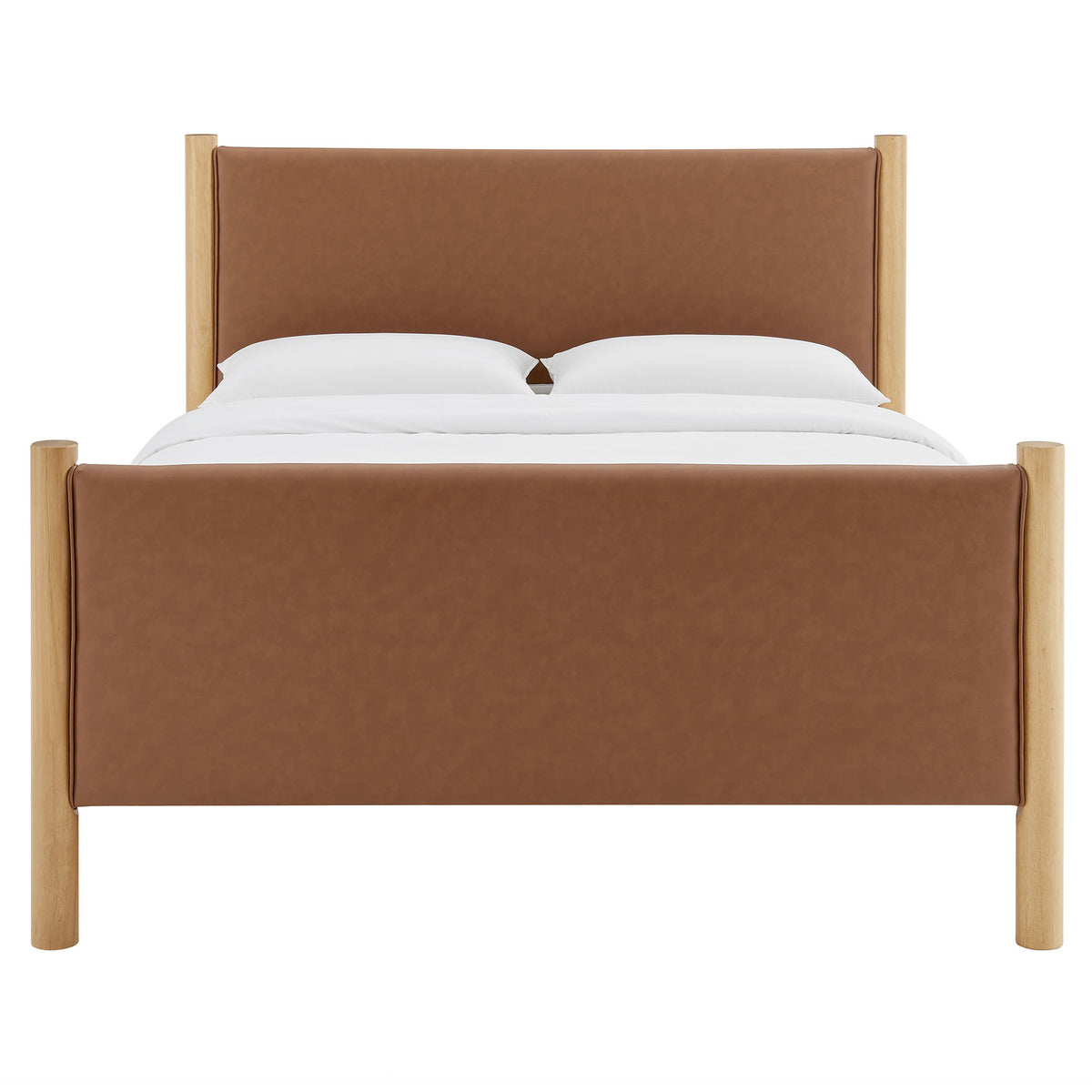 Maven Queen Size Vegan Leather Upholstered Platform Bed, Tan Oak