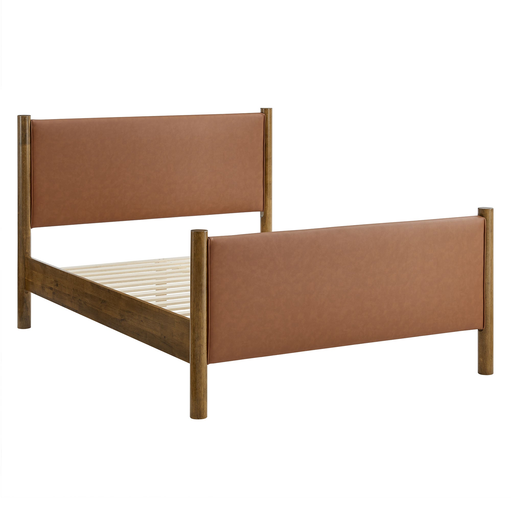 Maven Queen Size Vegan Leather Upholstered Platform Bed, Tan Walnut