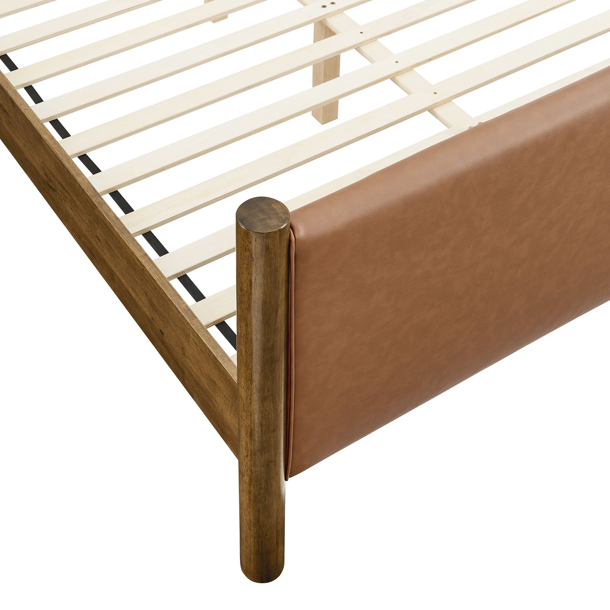 Maven Queen Size Vegan Leather Upholstered Platform Bed, Tan Walnut
